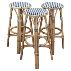 3 Vintage Woven Bamboo Wicker Rattan Bentwood Parisian French Bistro Bar Stools