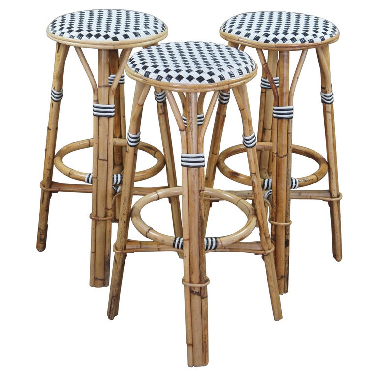 3 Vintage Woven Bamboo Wicker Rattan, French Bistro Rattan Bar Stools