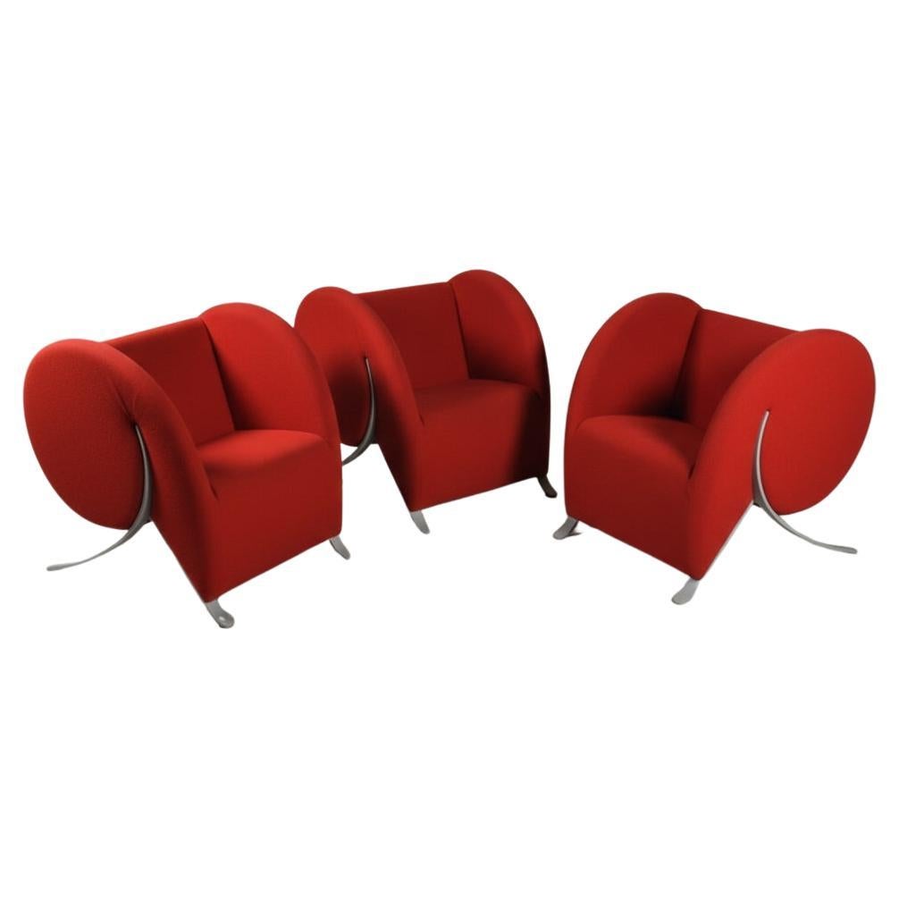 3 "Virgola" red armchairs by Yaacov Kaufmann per Arflex 90s For Sale