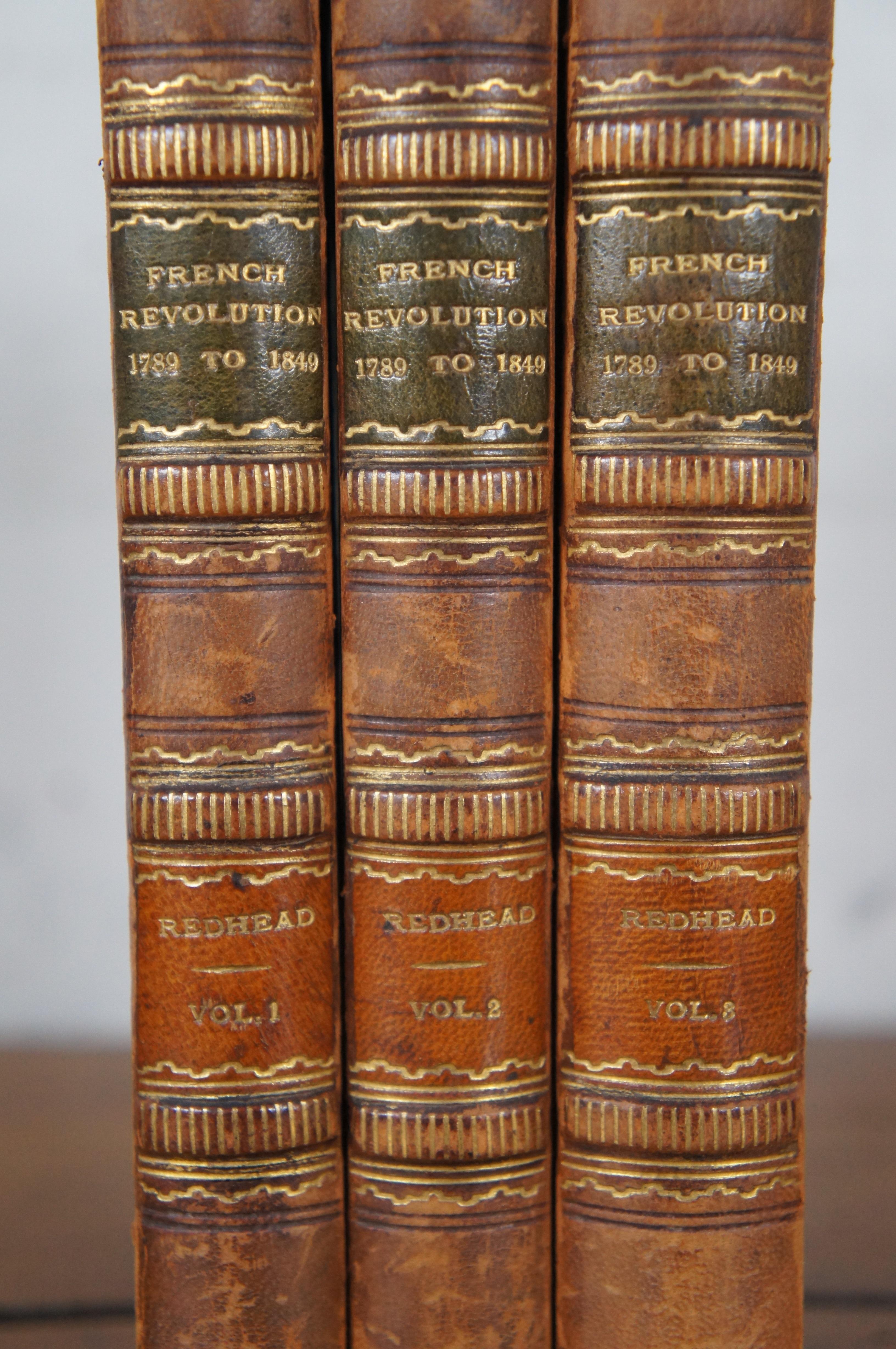 Victorian 3 Volume Antique 1849 Leather Book Set the French Revolutions Redhead For Sale
