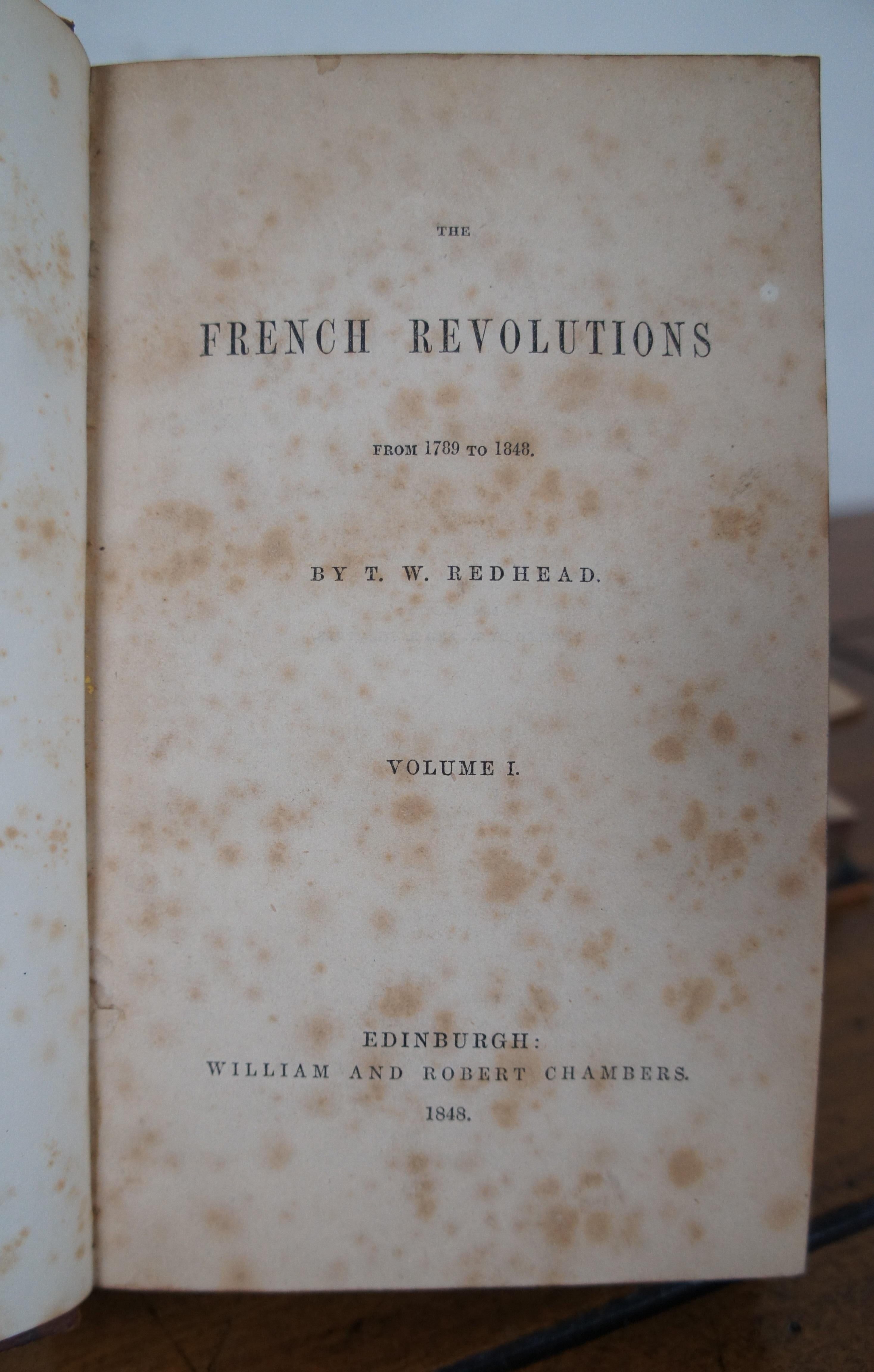 3 Volume Antique 1849 Leather Book Set the French Revolutions Redhead For Sale 2