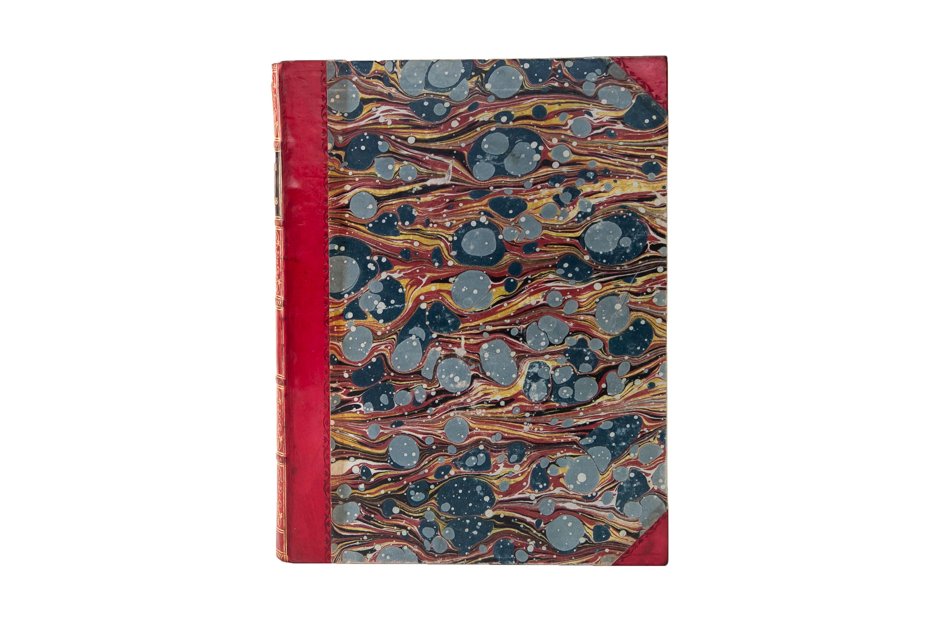 3 Volumes. G.N. Wright, The People's Gallery of Engravings. Bound by John Mylrea in 3/4 red calf and marbled boards bordered in floral open-tooling. The spines display a black morocco label with raised bands, bordering, floral panel details, and