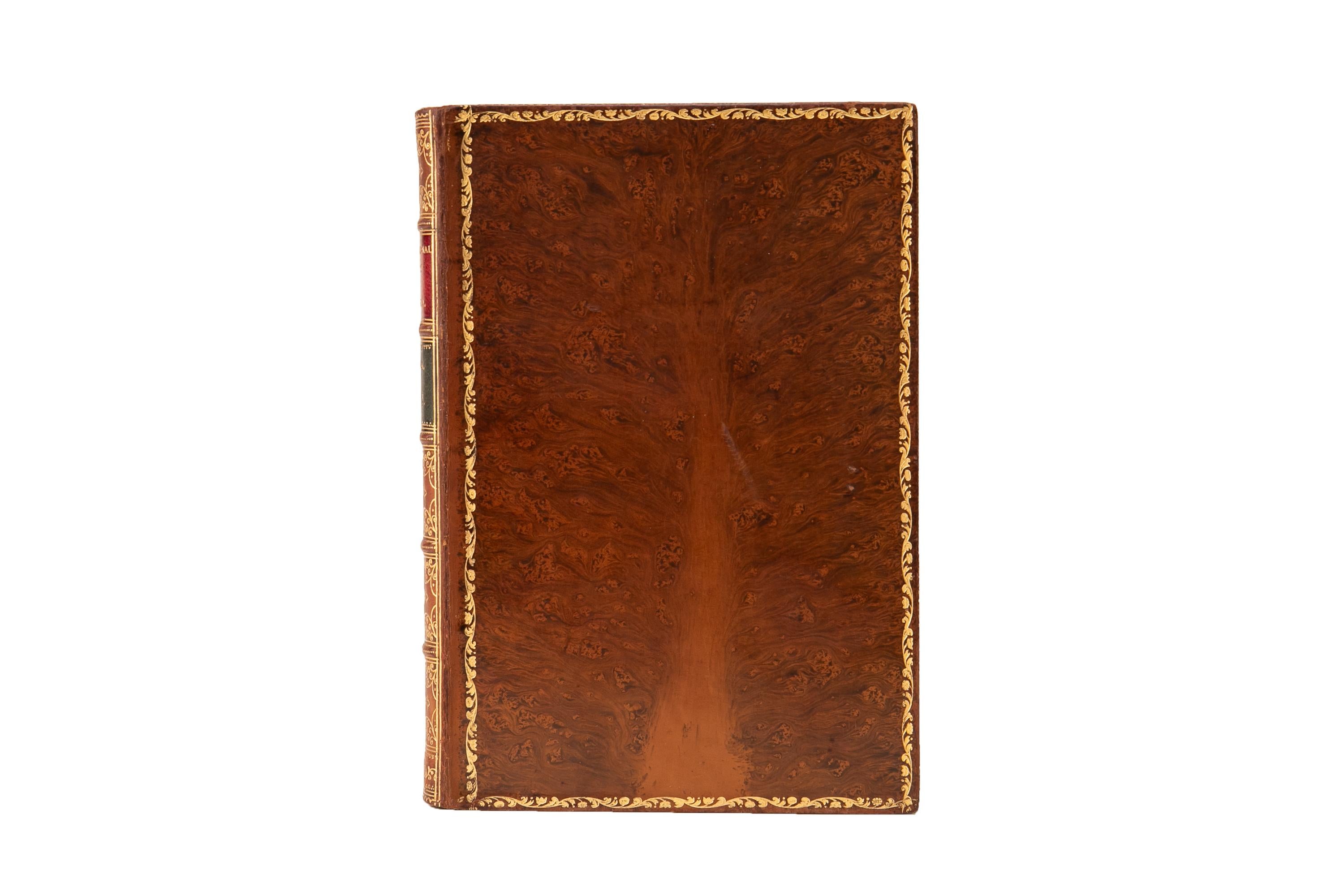 3 Volumes. Henry Hallam, The Constitutional History of England. Bound in full tree calf. The covers and raised band spines are gilt-tooled with red and green morocco labels. All the edges are marbled with marbled endpapers. London: John Murray, 1863.