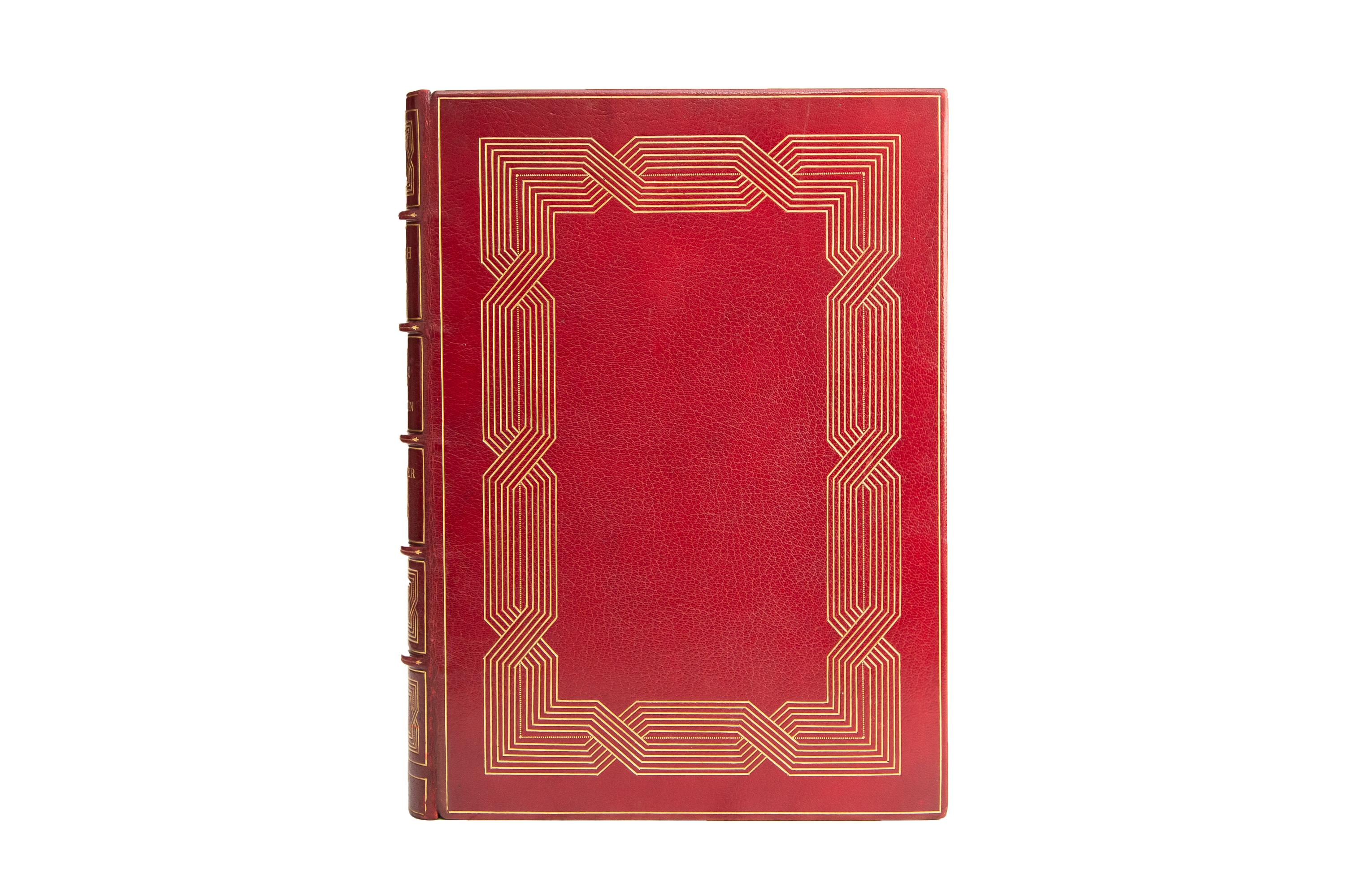 3 Volumes. J.J. Foster, French Art from Watteau to Prud'hon. First Edition. Bound by Zahnsdorf in full red morocco with an elaborate geometrical bordering gilt-tooled design on the front and rear boards. The spines display raised bands, dotted in