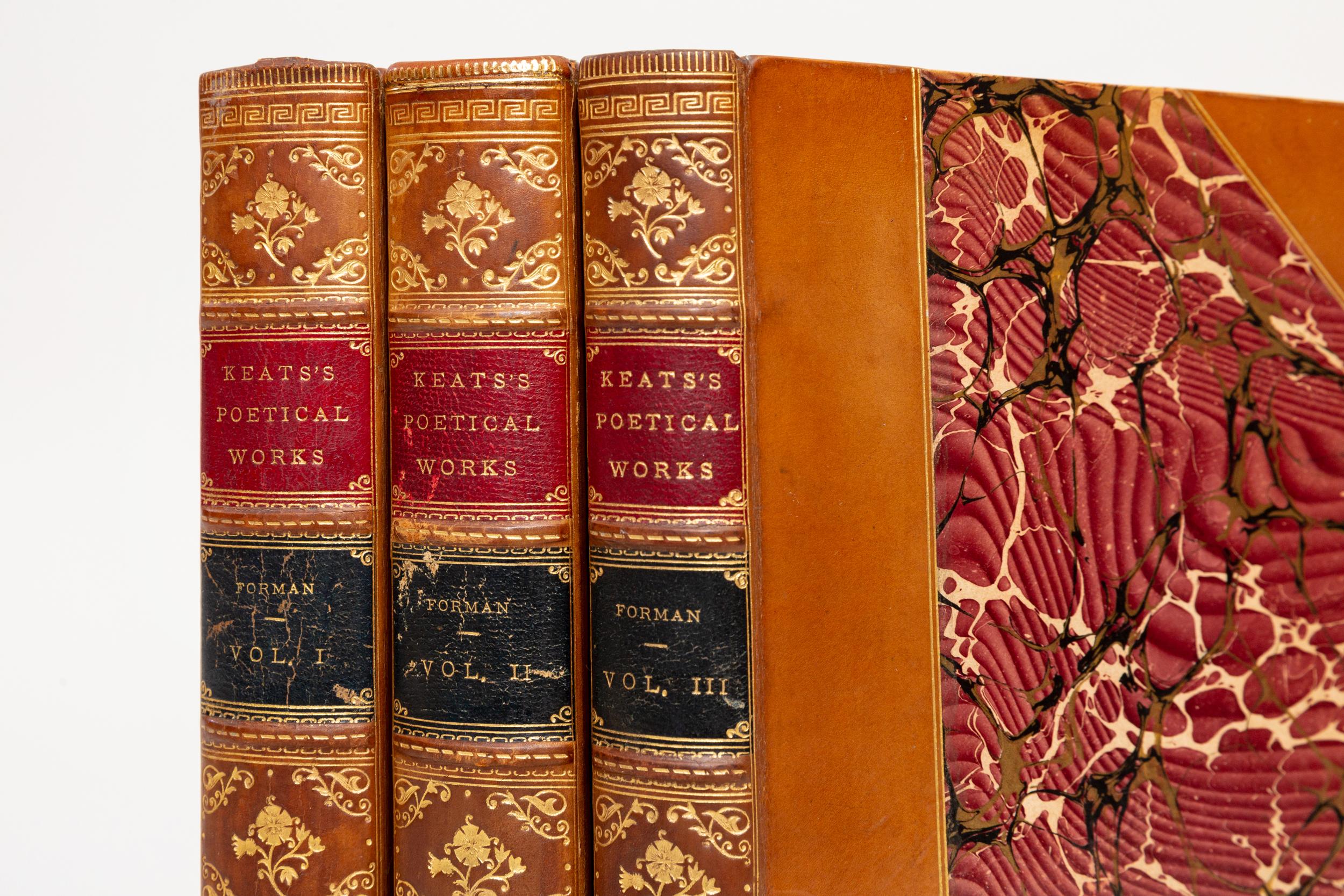 3 Volumes. John Keats, The Poetical Works of John Keats. Bound in 3/4 tan calf. Marbled boards. Raised bands. Decorative floral gilt tooling on spines. Top edges gilt. Marbled endpapers. Illustrated. Published: Philadelphia; J.B. Lippincott Company