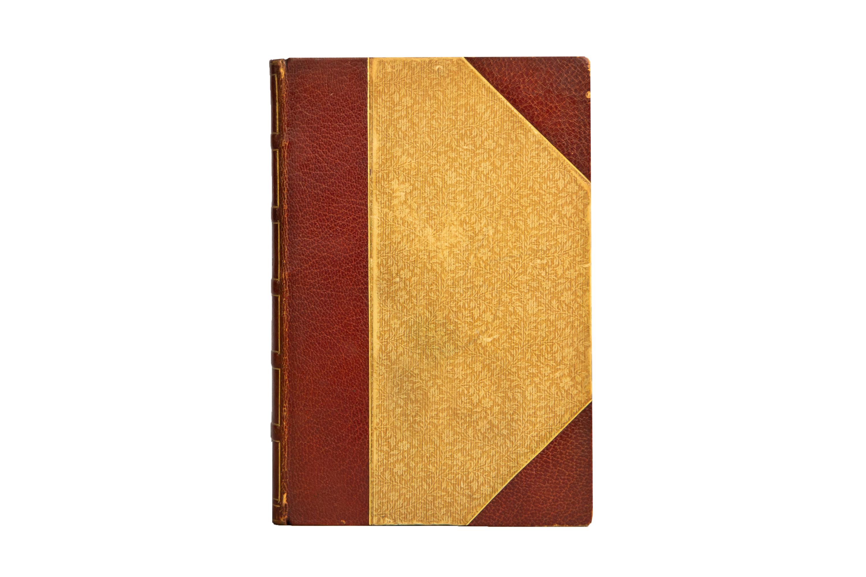 3 Volumes. John Ruskin, The Stones of Venice. Bound in 3/4 brown morocco and decorative floral boards. Raised band spine with gilt-bordered panels and label lettering. The top edge is gilt with decorative floral endpapers. Illustrations were drawn