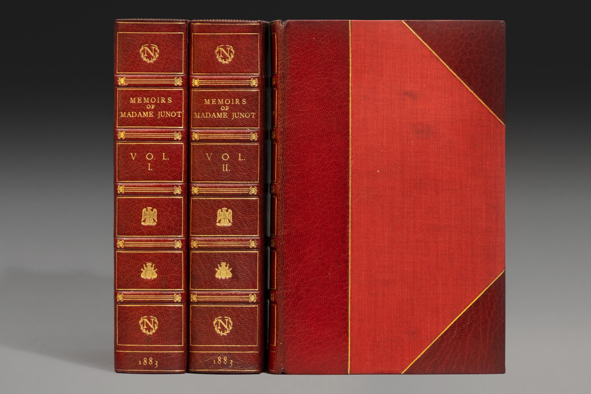 3 Volumes. Madame Junot. Memoirs of Napoleon: His Court and Family. Bound in 3/4 red morocco by Morrell, linen boards, top edges gilt, raised bands, gilt spines, illustrated. Published: London: Richard Bentley & Son 1883.