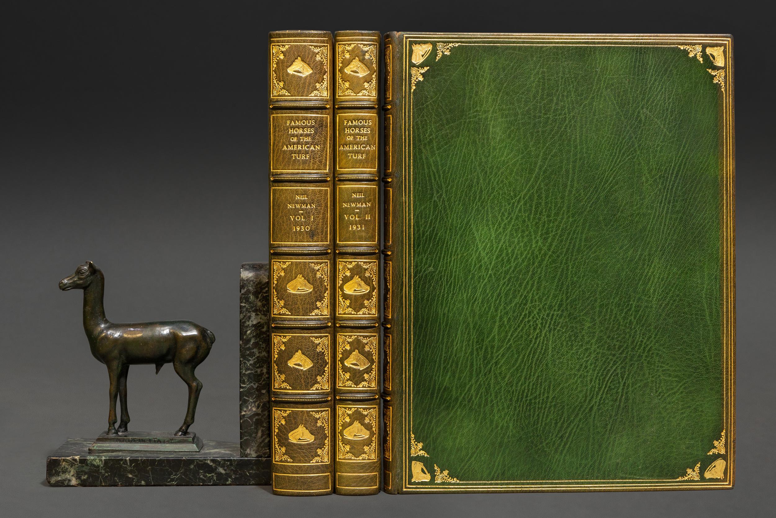 3 Volumes. Neil Newman. Famous Horses of the American Turf. Introduction by Walter S. Vosburgh. First Edition. Bound in full green morocco by Asprey. Gilt on spines and covers, raised bands, all edges gilt, marbled endpapers, inner dentelles.