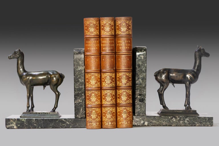 3 Volumes. Percy B. Shelley, The Poetical Works of Percy B. Shelley. Bound in 3/4 brown morocco. Marbled boards. Raised bands. Decorative floral tooling on spines. Top edges gilt. Marbled endpapers. Published: New York; Merrill & Baker.