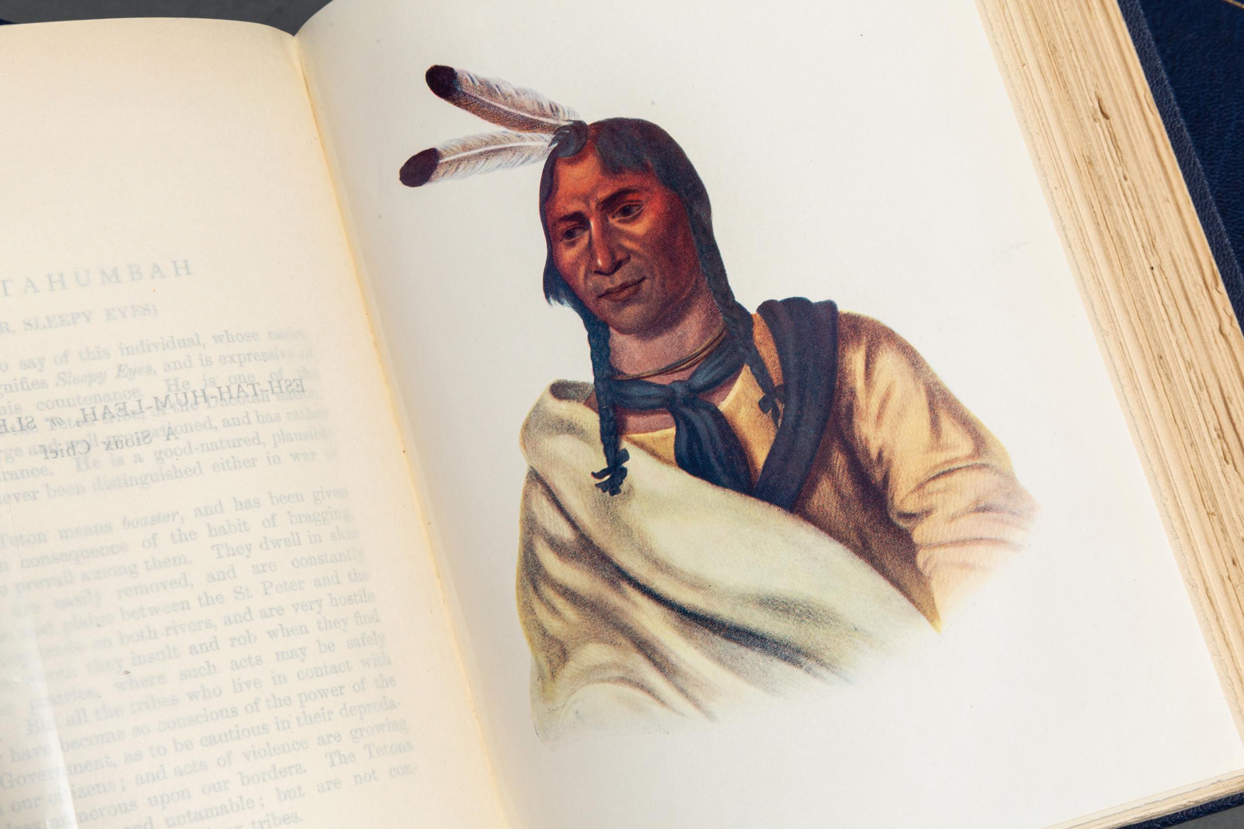 3 Volumes. Thomas L. McKenney & James Hall. The Indian Tribes of North America. Edited by Frederick W. Hodge. Rebound in full blue morocco. Top edge gilt. Raised bands. Gilt panels. Marbled endpapers. Illustrated with colored plates. Published: