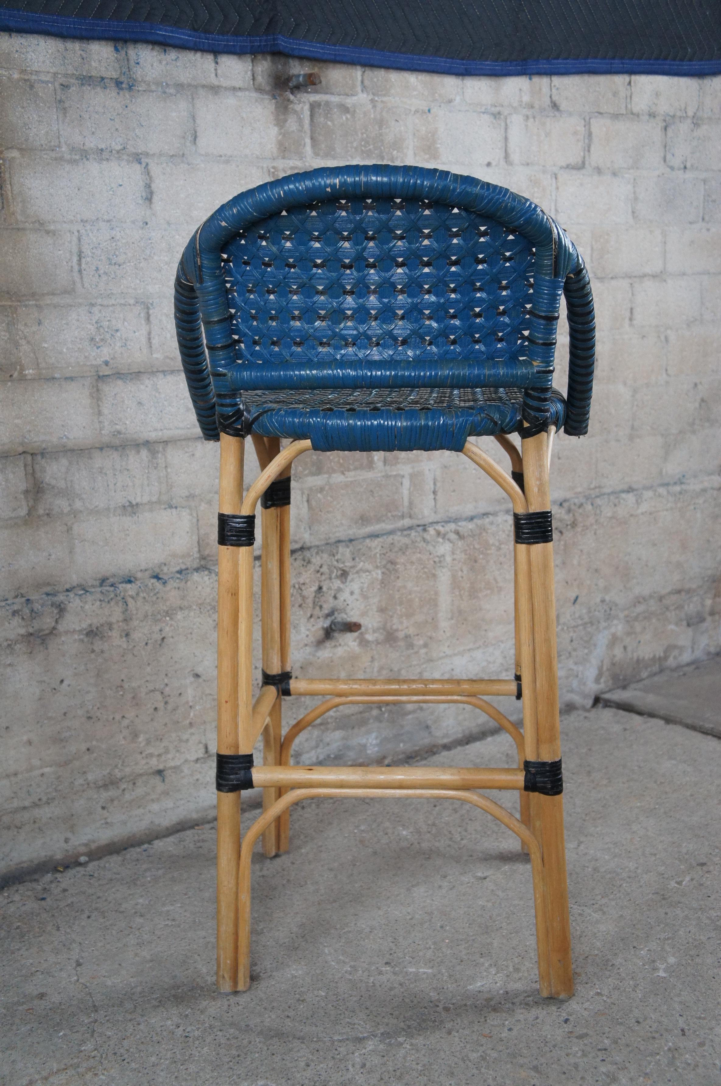 3 Vtg French Café Bistro Blue Woven Rattan Bentwood Counter Bar Stools Boho Chic In Good Condition In Dayton, OH