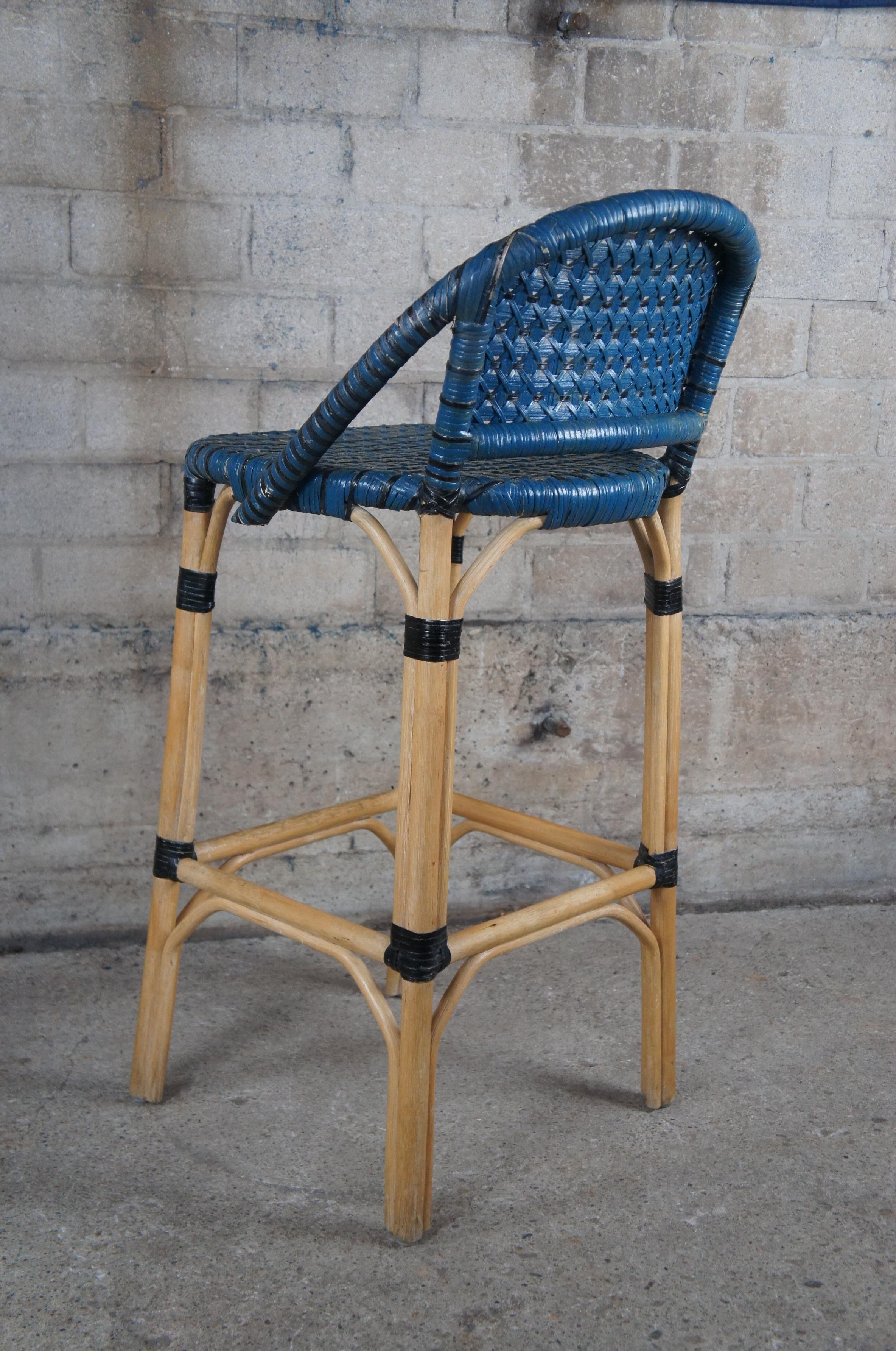 20th Century 3 Vtg French Café Bistro Blue Woven Rattan Bentwood Counter Bar Stools Boho Chic