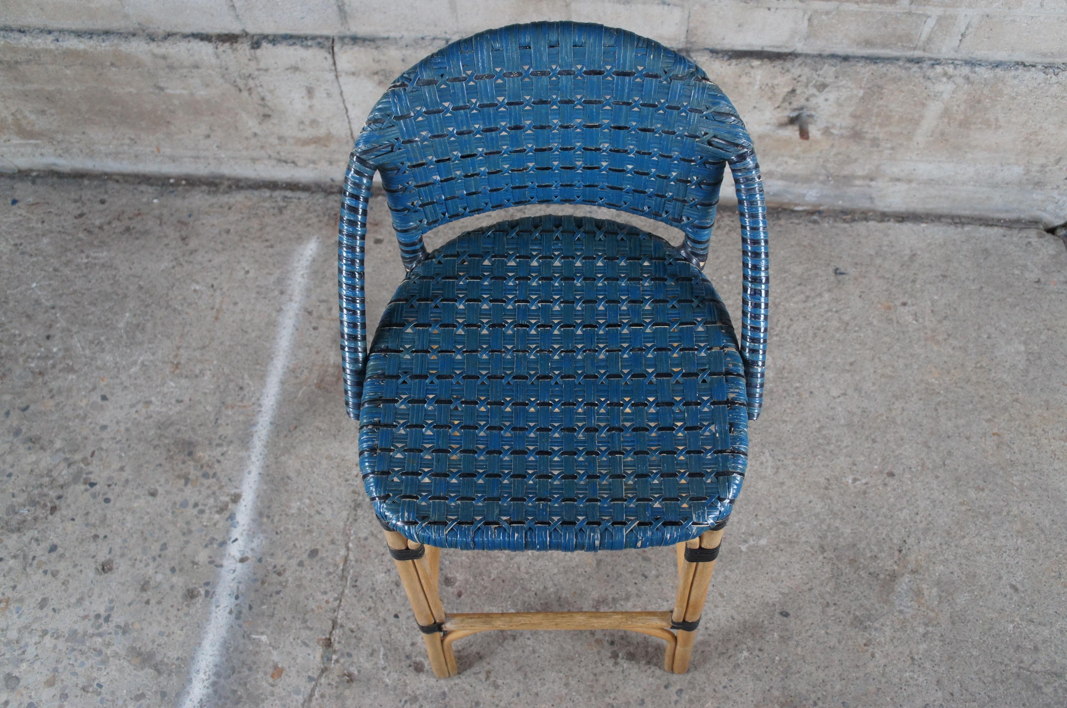Bamboo 3 Vtg French Café Bistro Blue Woven Rattan Bentwood Counter Bar Stools Boho Chic