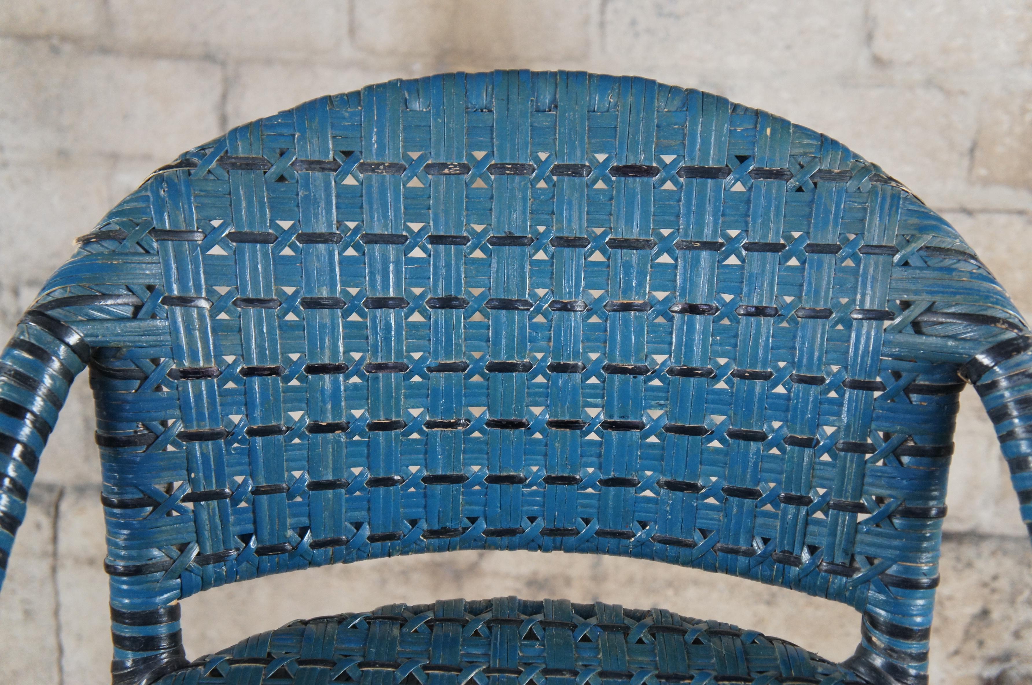 3 Vtg French Café Bistro Blue Woven Rattan Bentwood Counter Bar Stools Boho Chic 1