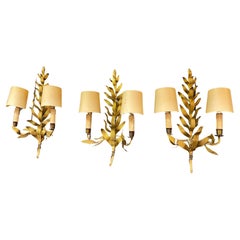 Vintage 3 wall lights in the style of Maison Baguès in brass Stylized leaves 