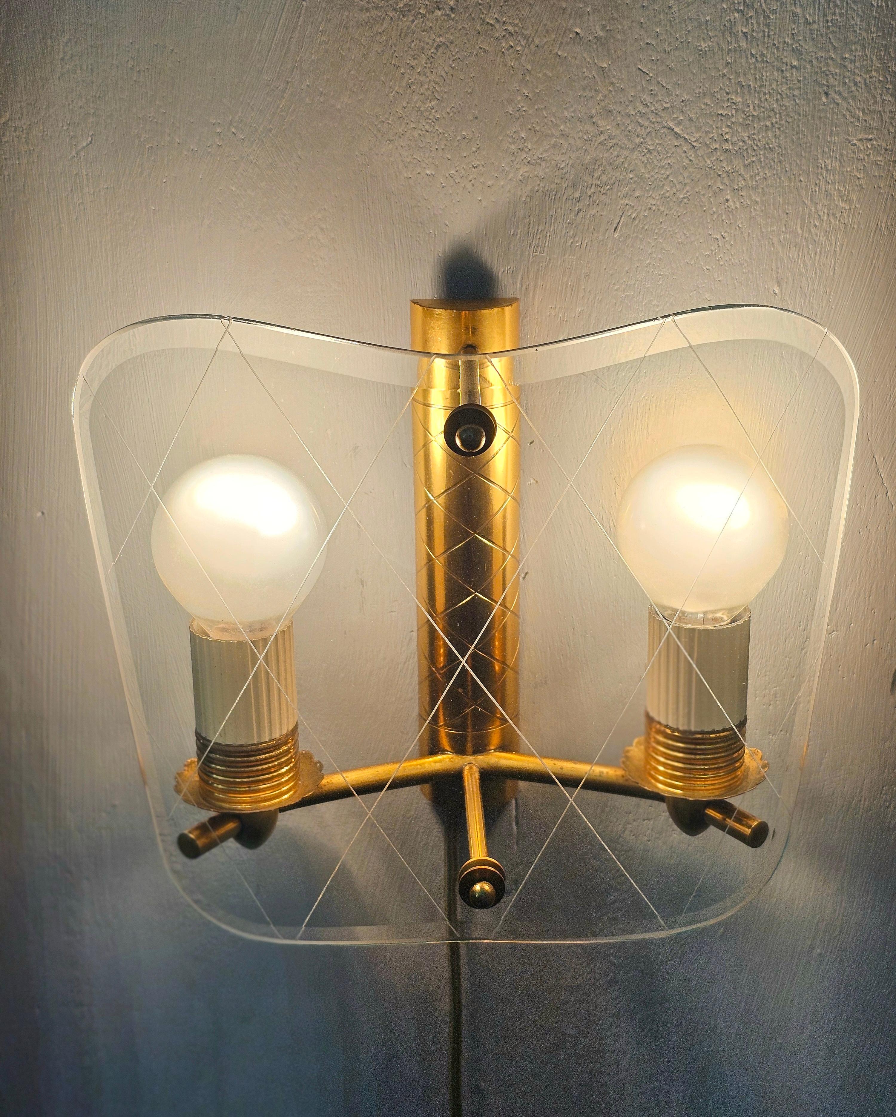 3 Wall Lights Sconces Brass Decorated Glass Midcentury Italian Design 1950 For Sale 7