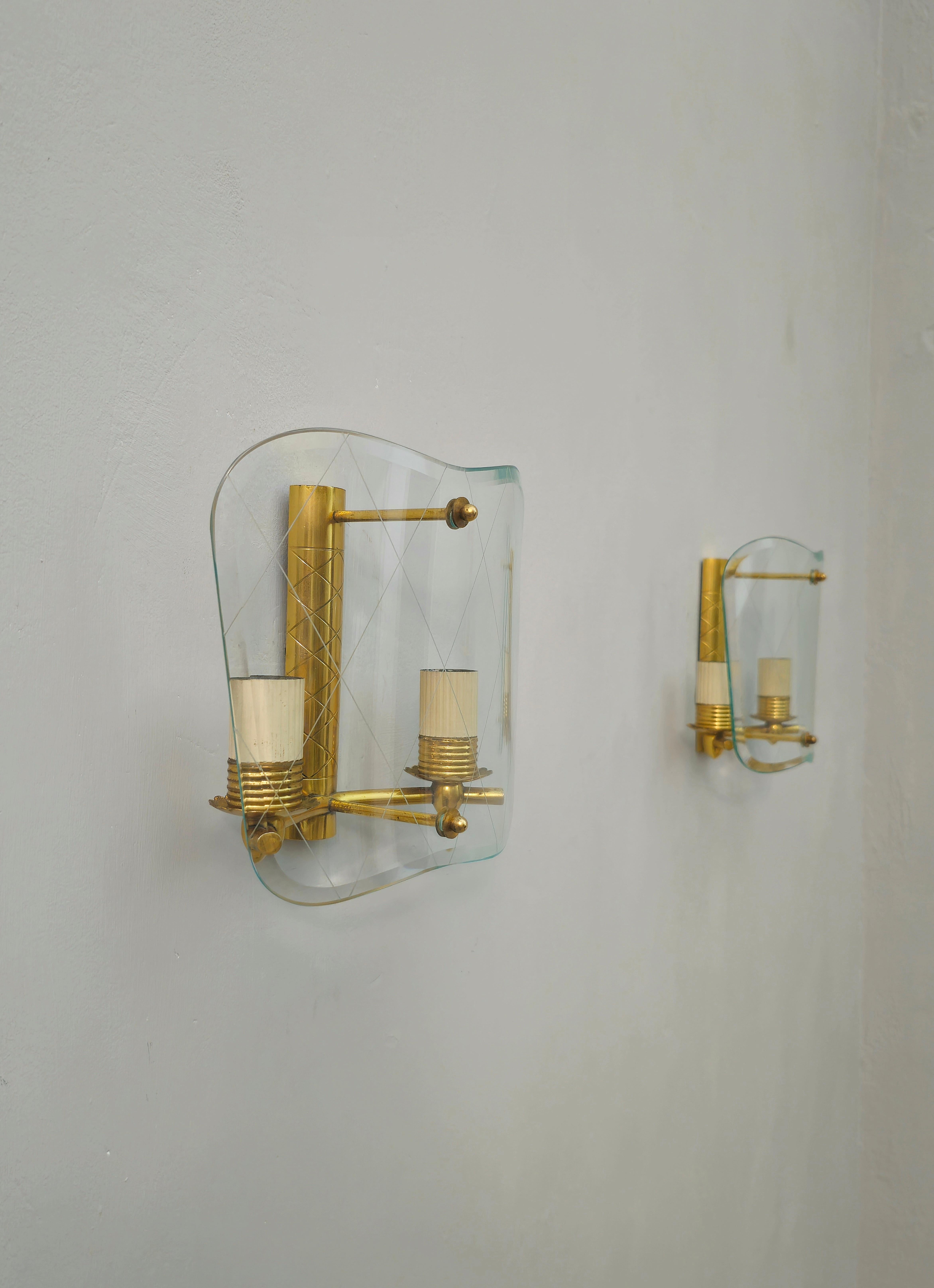 3 Wall Lights Sconces Brass Decorated Glass Midcentury Italian Design 1950 For Sale 12