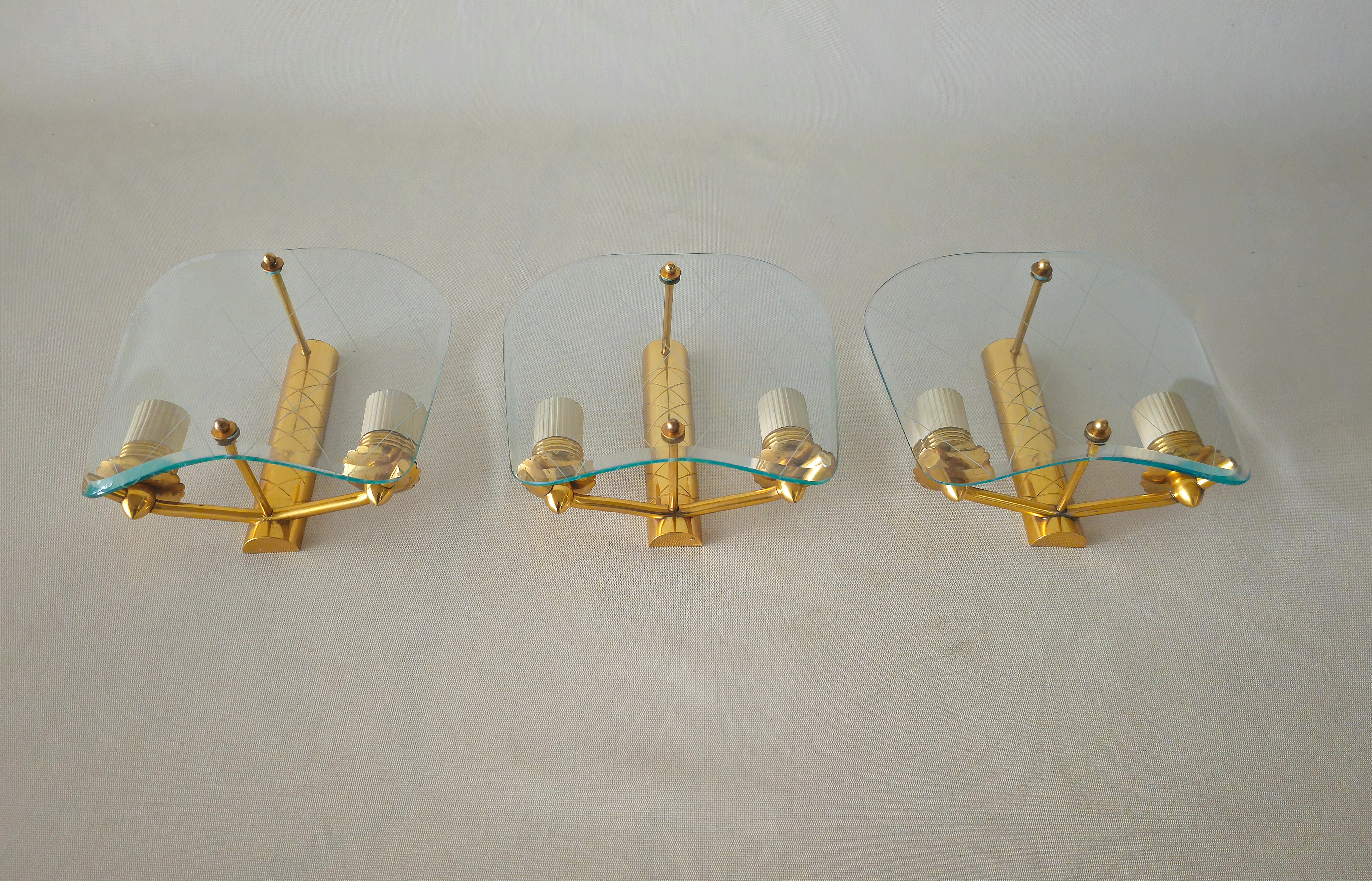 3 Wall Lights Sconces Brass Decorated Glass Midcentury Italian Design 1950 For Sale 14