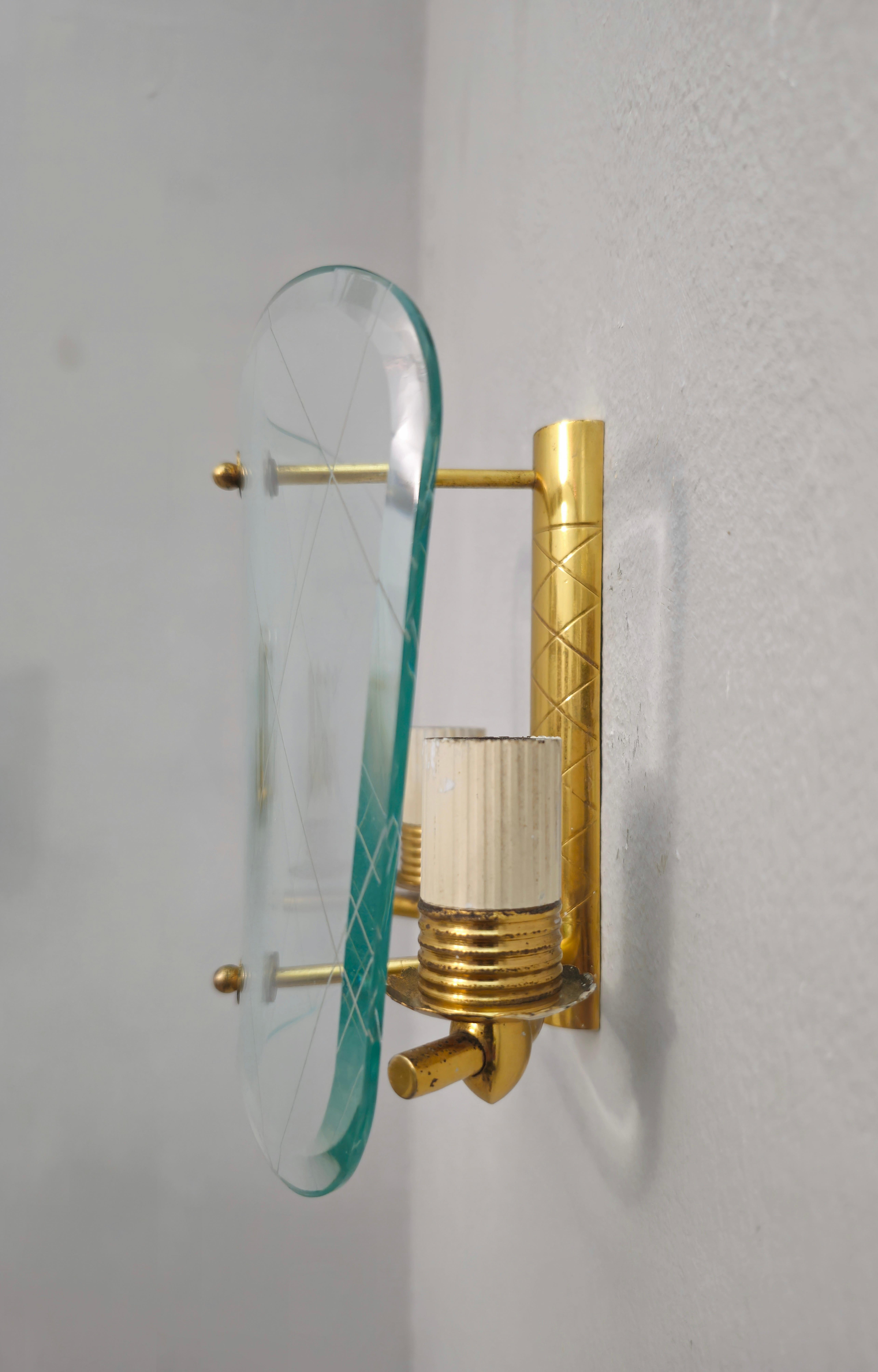 20th Century 3 Wall Lights Sconces Brass Decorated Glass Midcentury Italian Design 1950 For Sale
