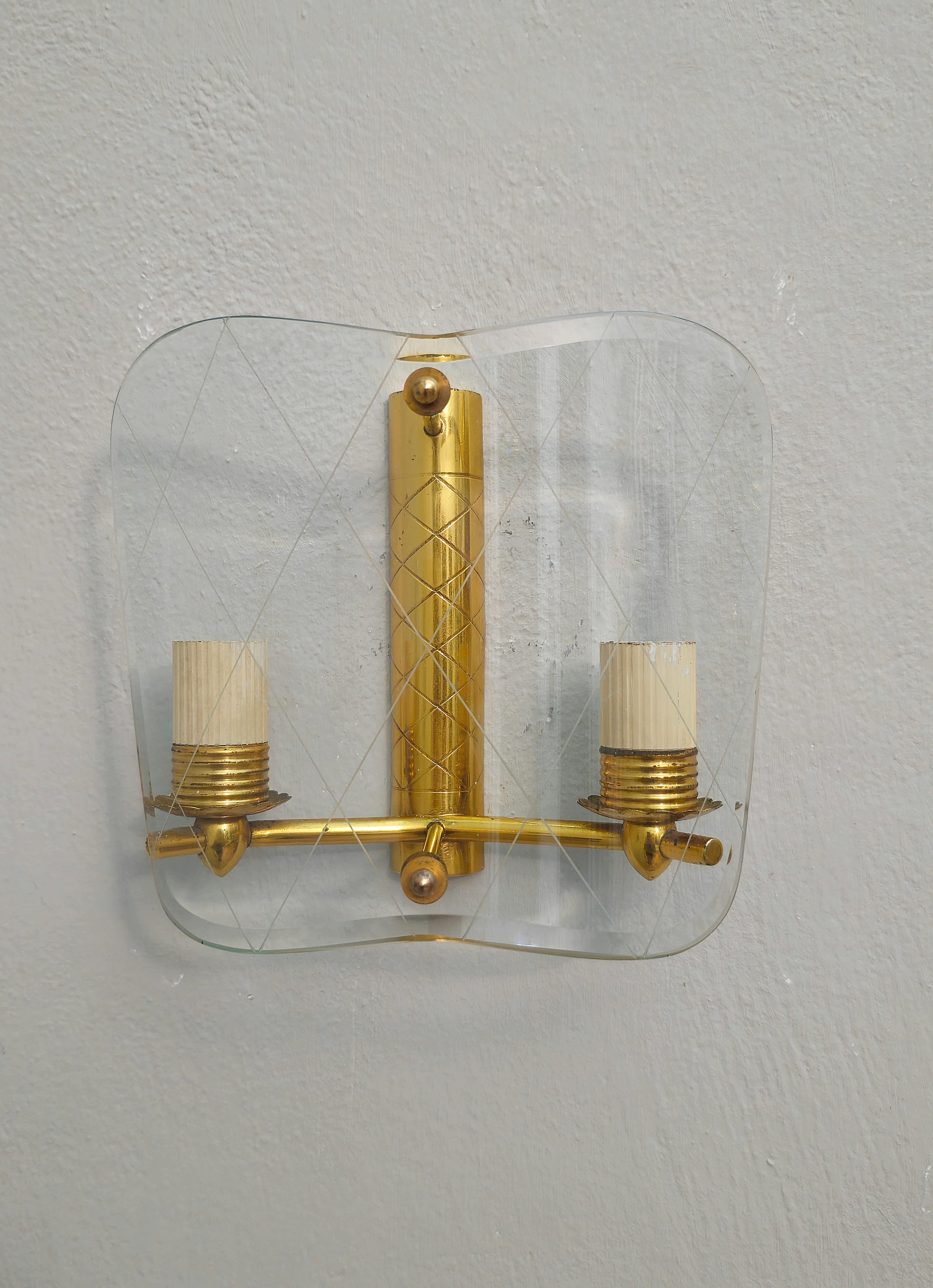 3 Wall Lights Sconces Brass Decorated Glass Midcentury Italian Design 1950 For Sale 2