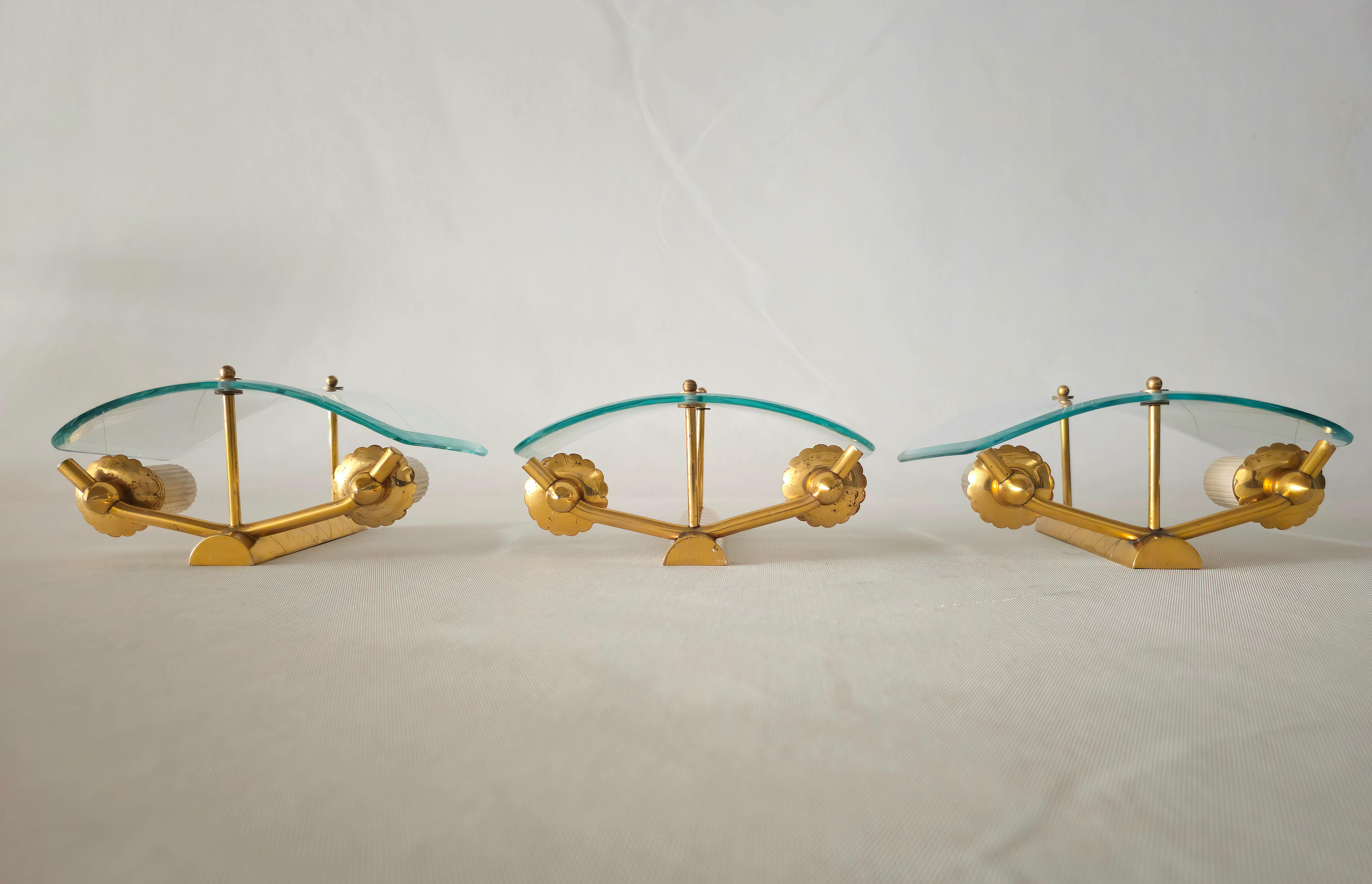 3 Wall Lights Sconces Brass Decorated Glass Midcentury Italian Design 1950 For Sale 3