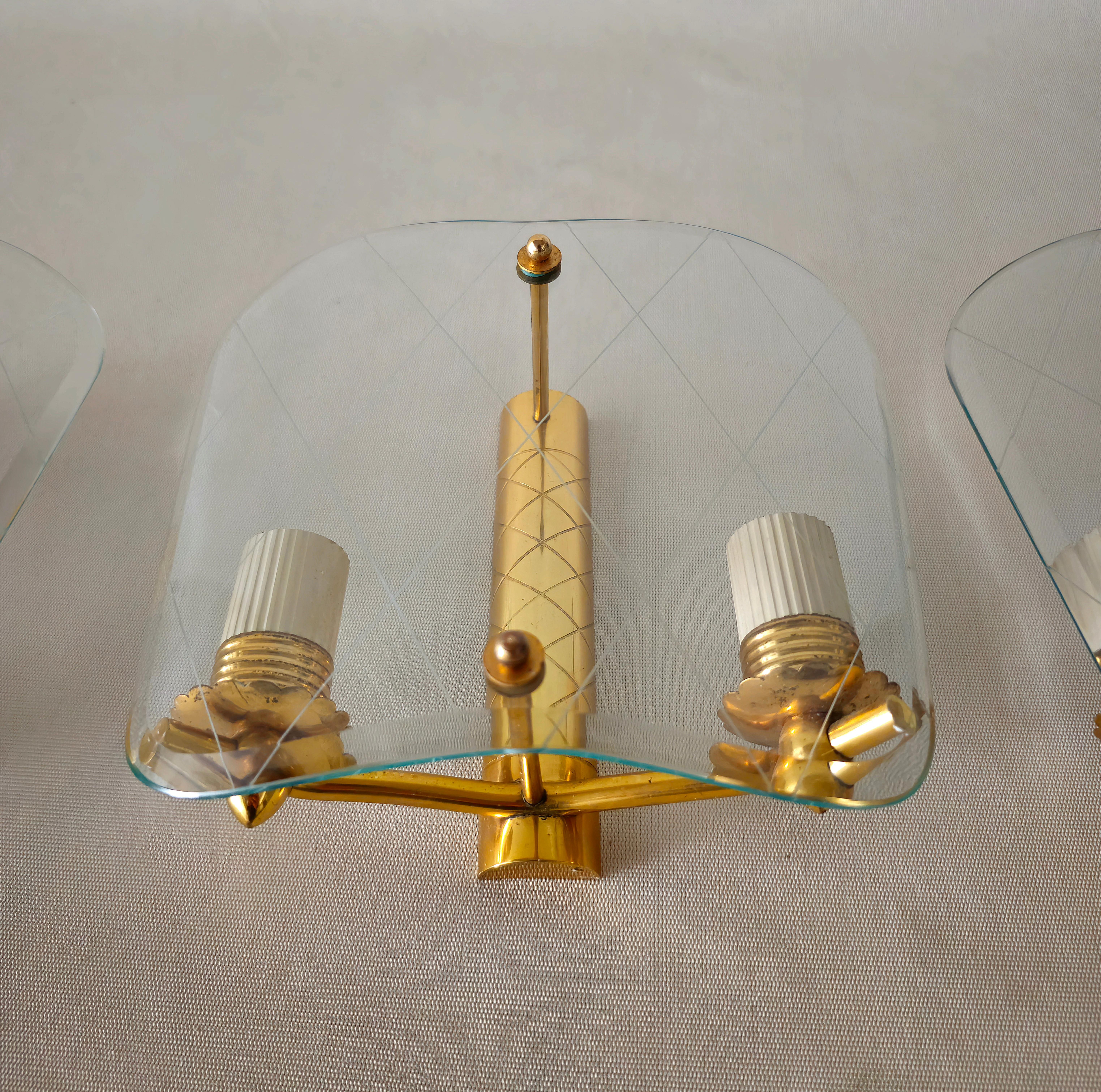 3 Wall Lights Sconces Brass Decorated Glass Midcentury Italian Design 1950 For Sale 4