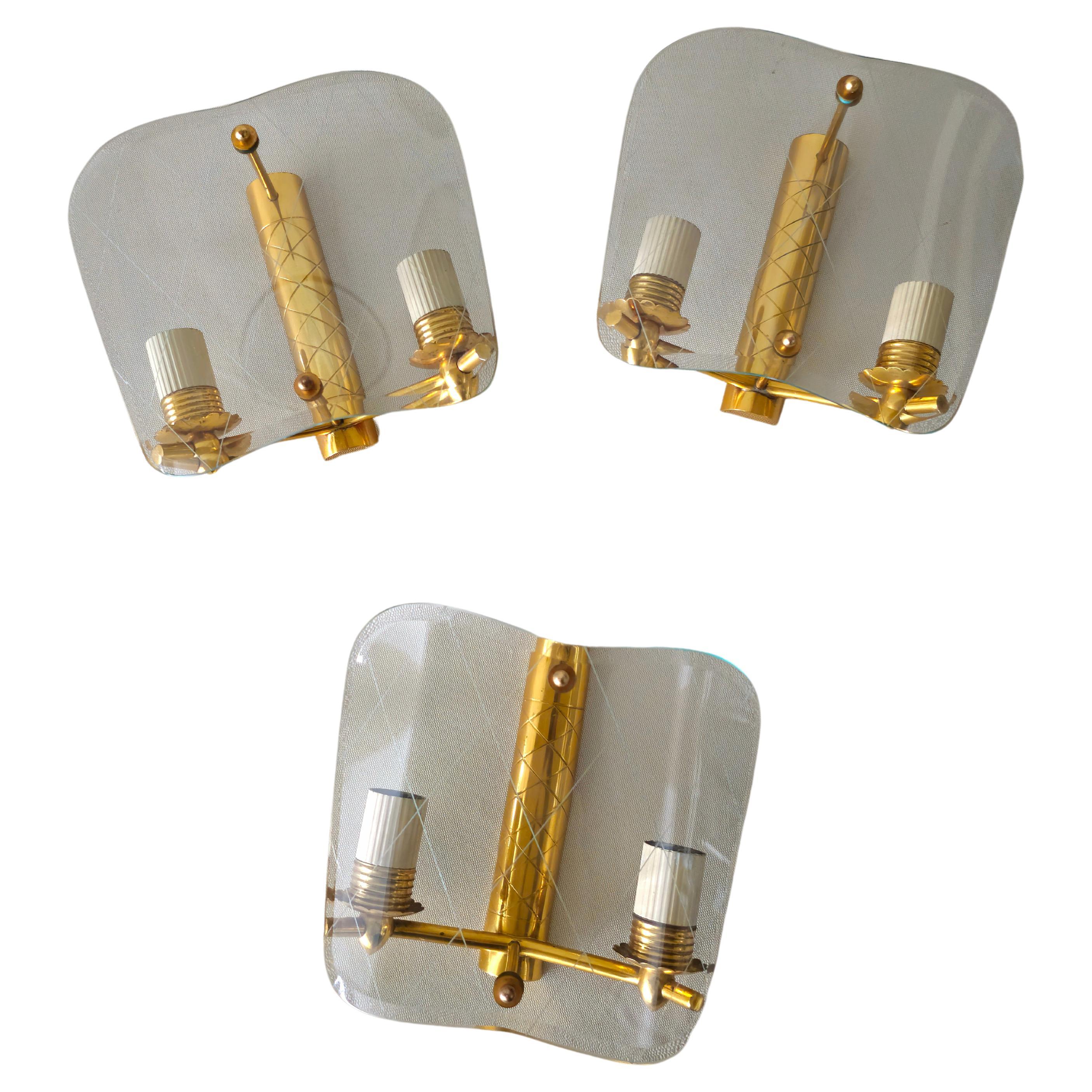3 Wall Lights Sconces Brass Decorated Glass Midcentury Italian Design 1950 For Sale