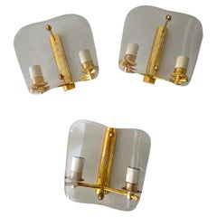 3 Wall Lights Sconces Brass Decorated Glass Midcentury Italian Design 1950