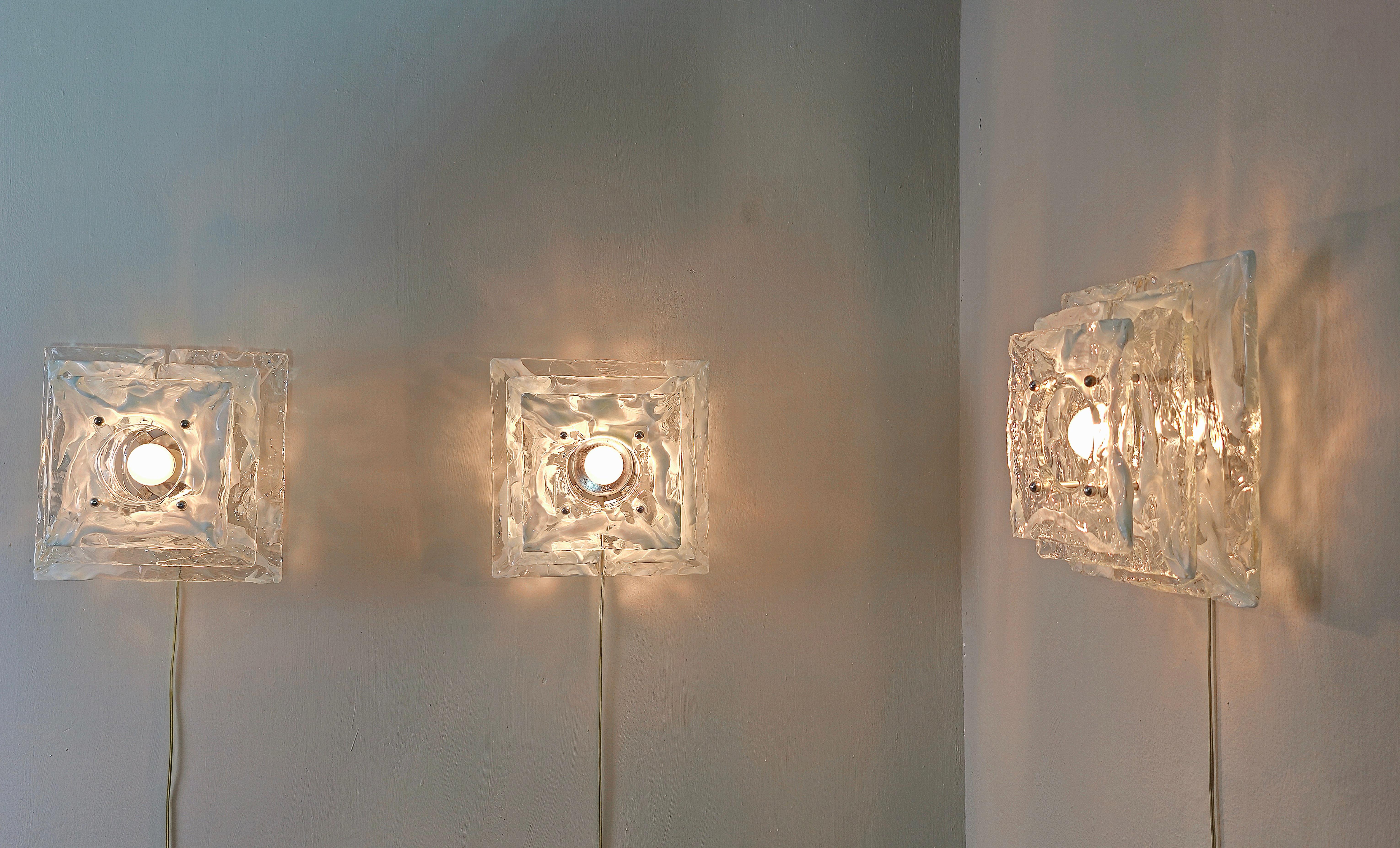  3 Wall Lights Sconces Nason Mazzega  Murano Glass Metal Midcentury Italy 1970s For Sale 6