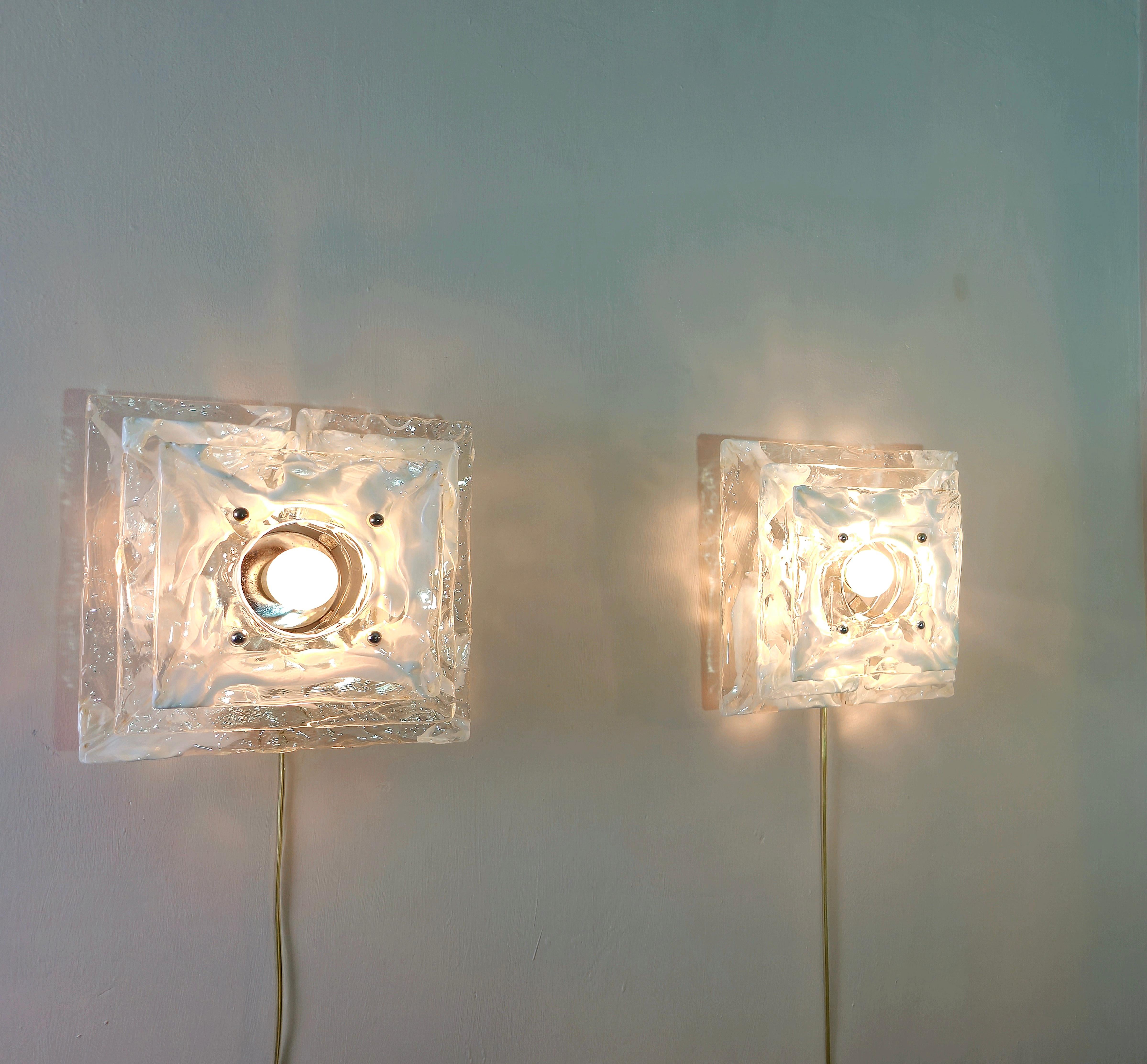  3 Wall Lights Sconces Nason Mazzega  Murano Glass Metal Midcentury Italy 1970s For Sale 3