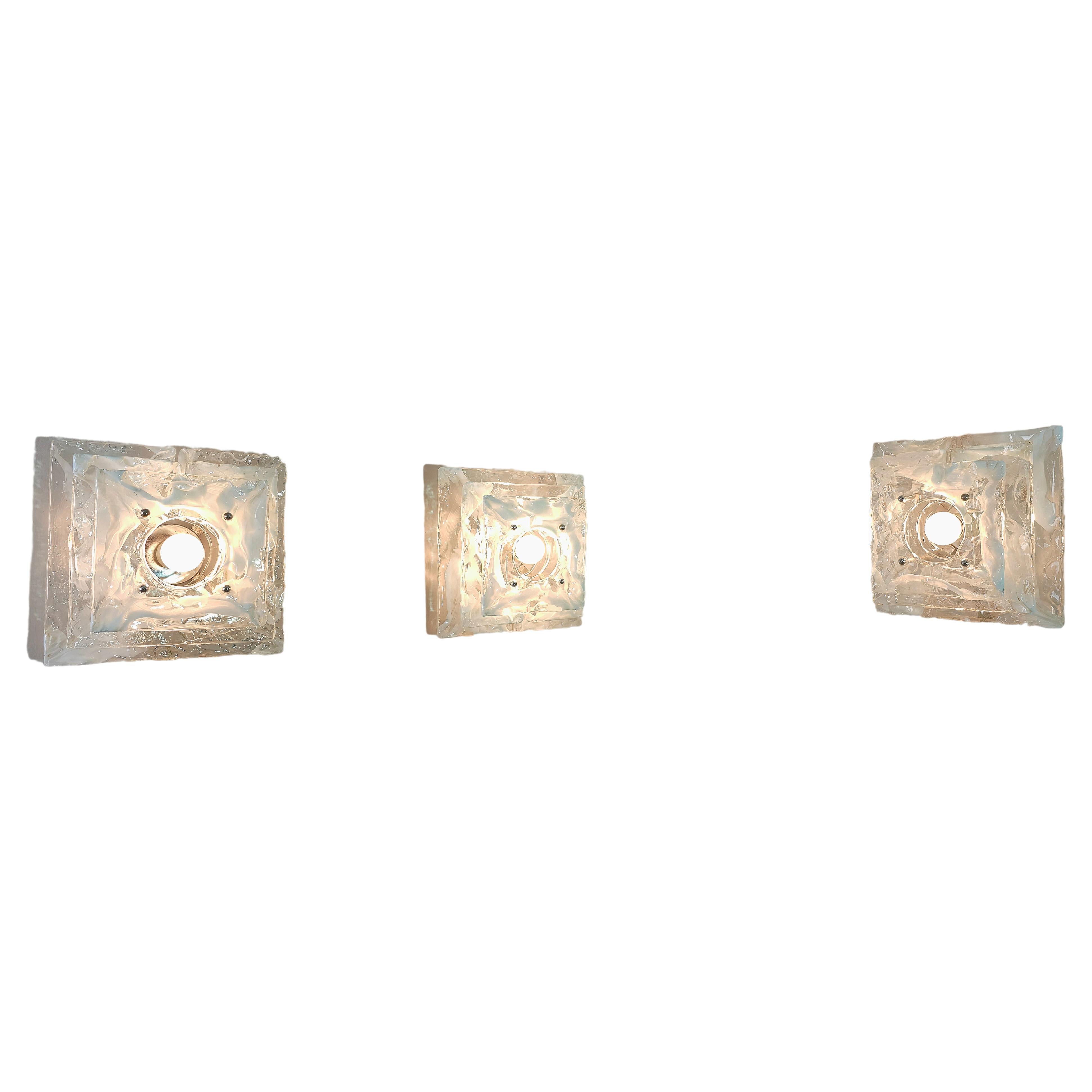  3 Wall Lights Sconces Nason Mazzega  Murano Glass Metal Midcentury Italy 1970s For Sale