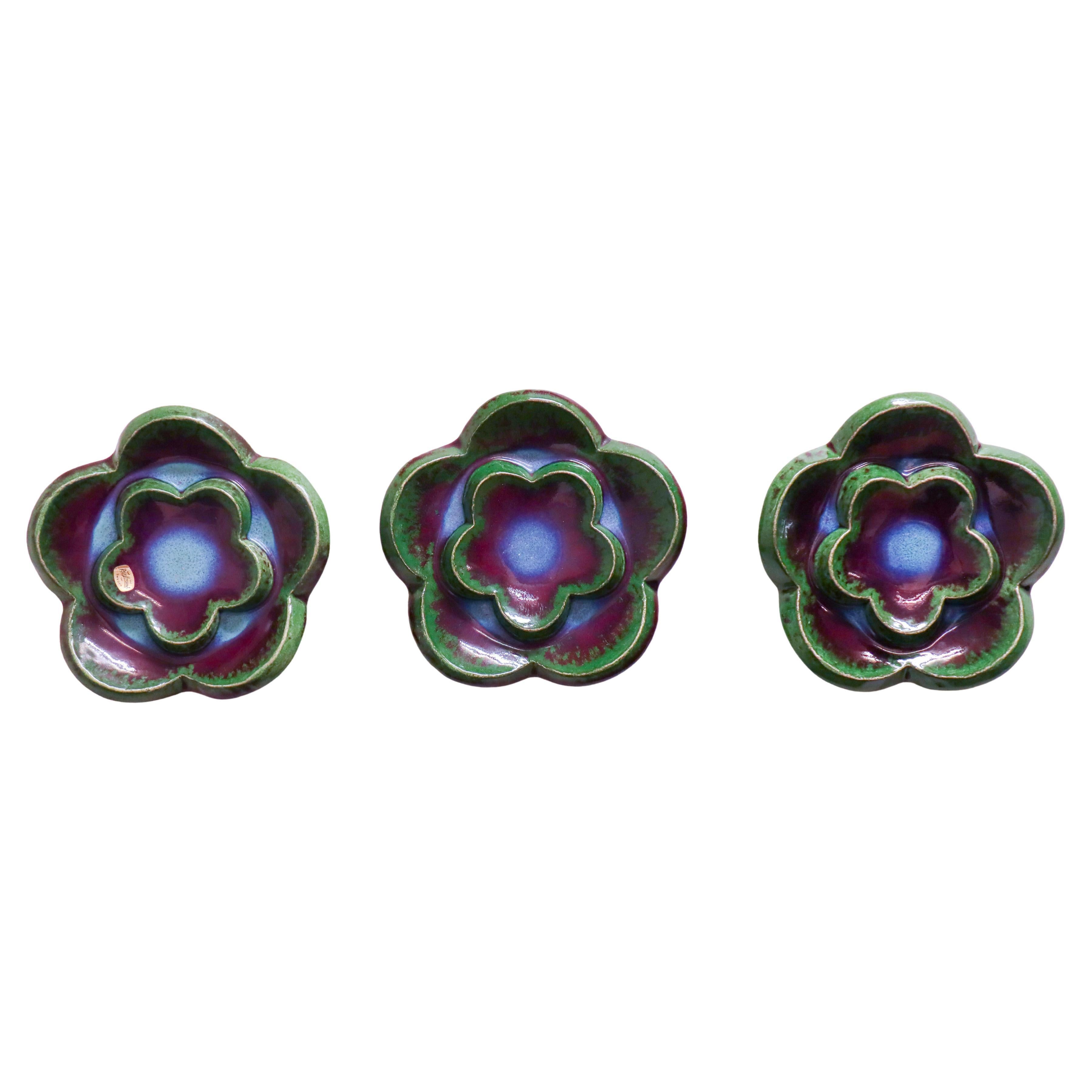 3 Wall Plaques / Tiles,  Rörstrand - Sylvia Leuchovius - Flowers Green & Purple in vendita