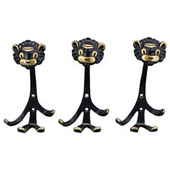 3 Walter Bosse Brass Wall Hooks of a Lion Austria, 1950s