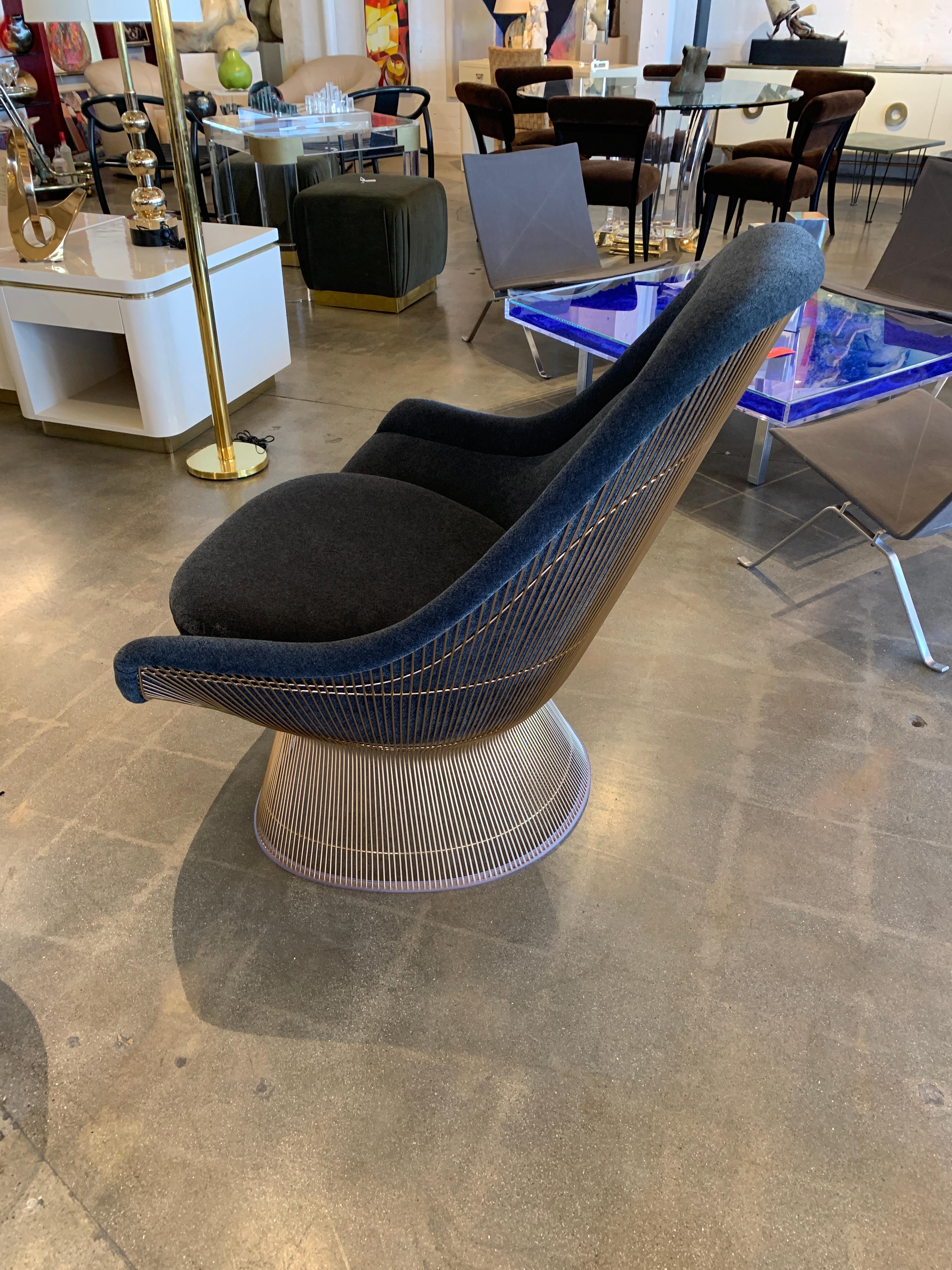 A Warren Platner designed easy chair for Knoll with 18-karat gold-plated wire. These have been nicely re-upholstered in a wool mohair. They are in very good condition with some minor marks and imperfections. PLEASE NOTE only one chair is still