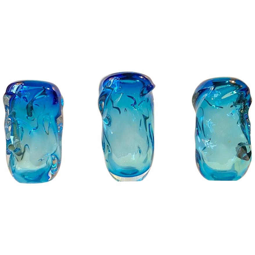 3 Waves in Blue Art Glass, Vases by Jan Beránek for Skrdlovice, 1960s