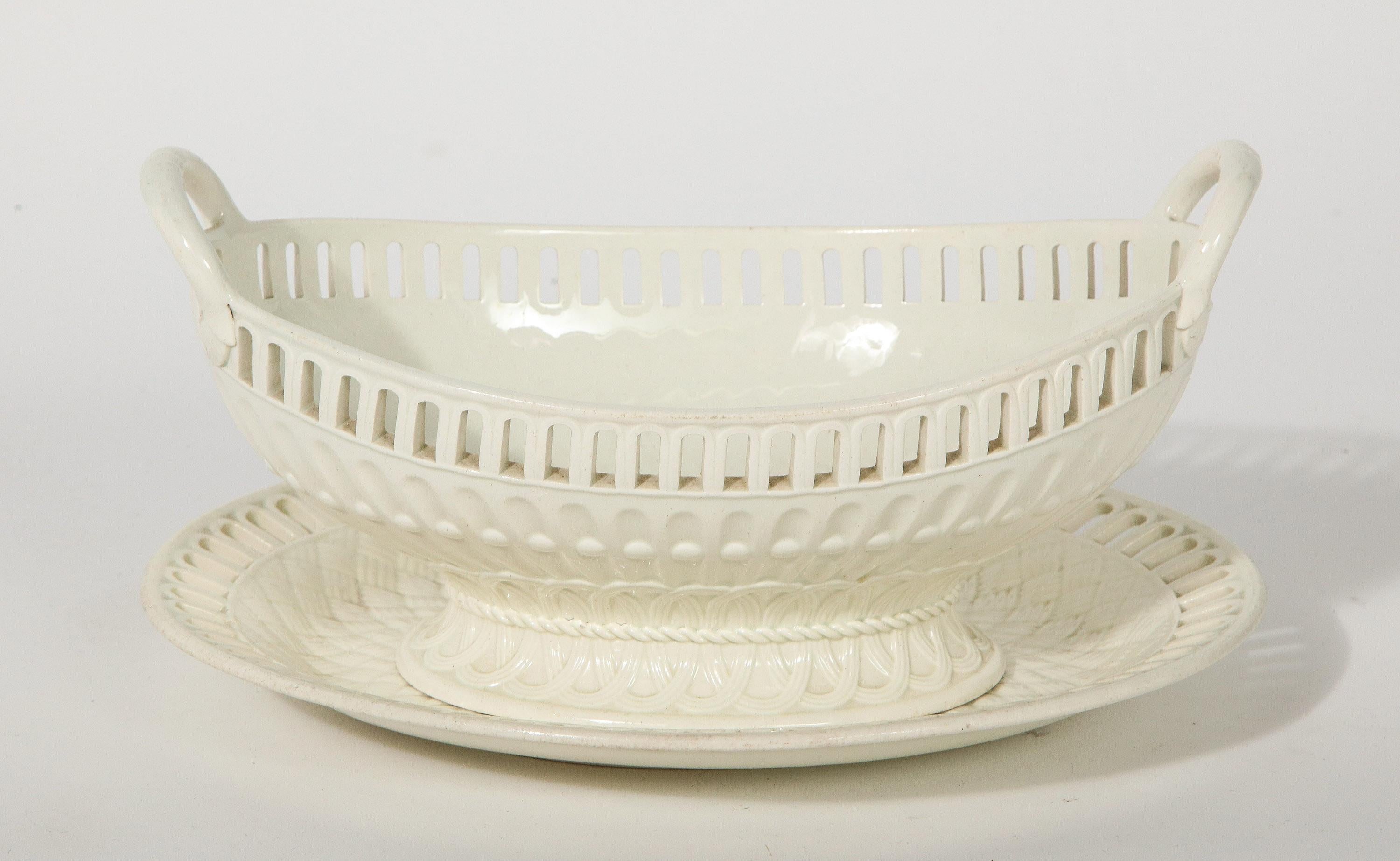3 Wedgwood creamware serving bowls with matching platters. The pierced rim bowl with a molded weave pattern having an accompanying platter of similar design.