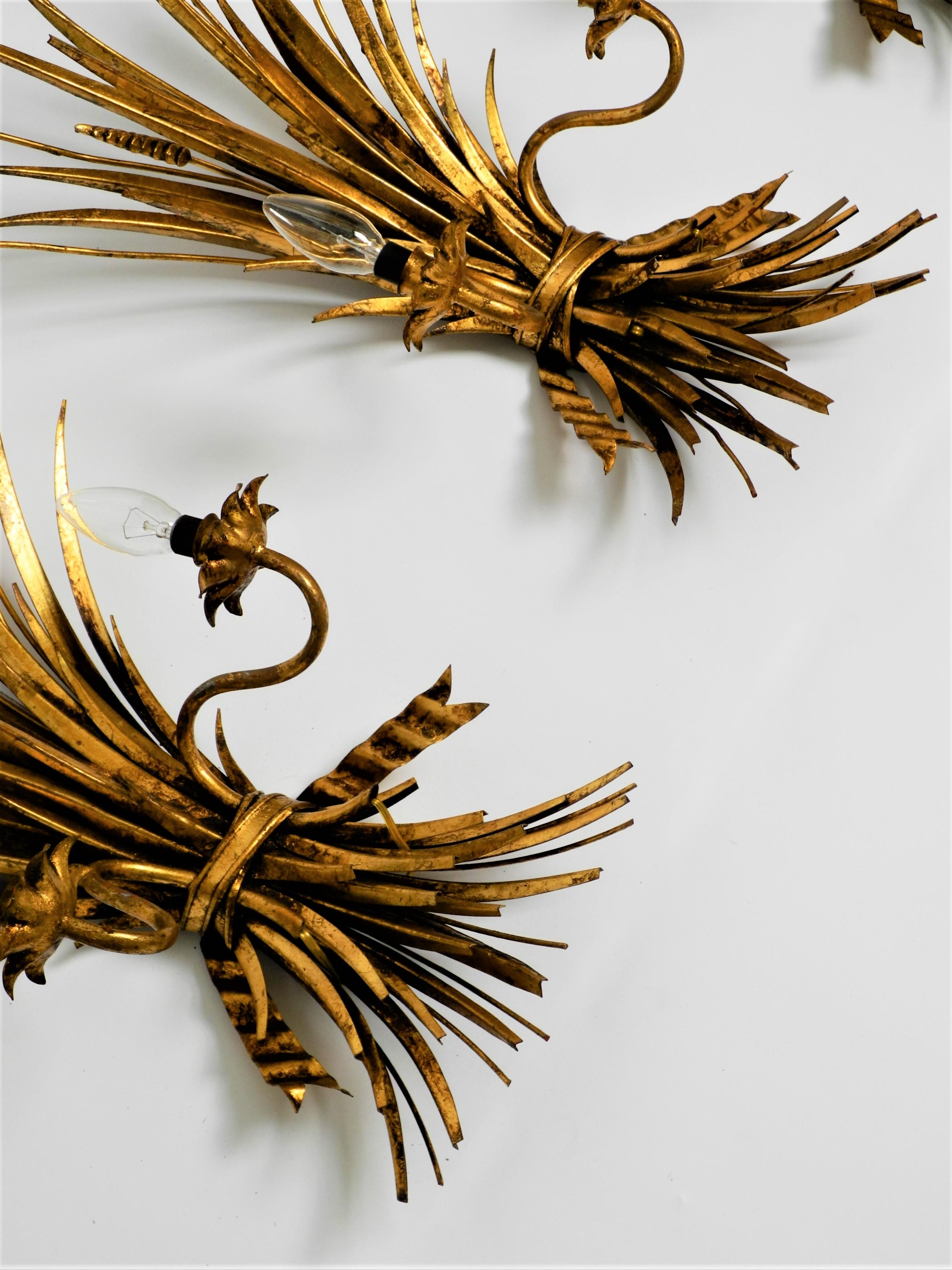 3 Wheat Wall Lamps Sconces Hollywood Regency Gilt Metal Hans Kögl, Italy 1960s In Good Condition For Sale In München, BY
