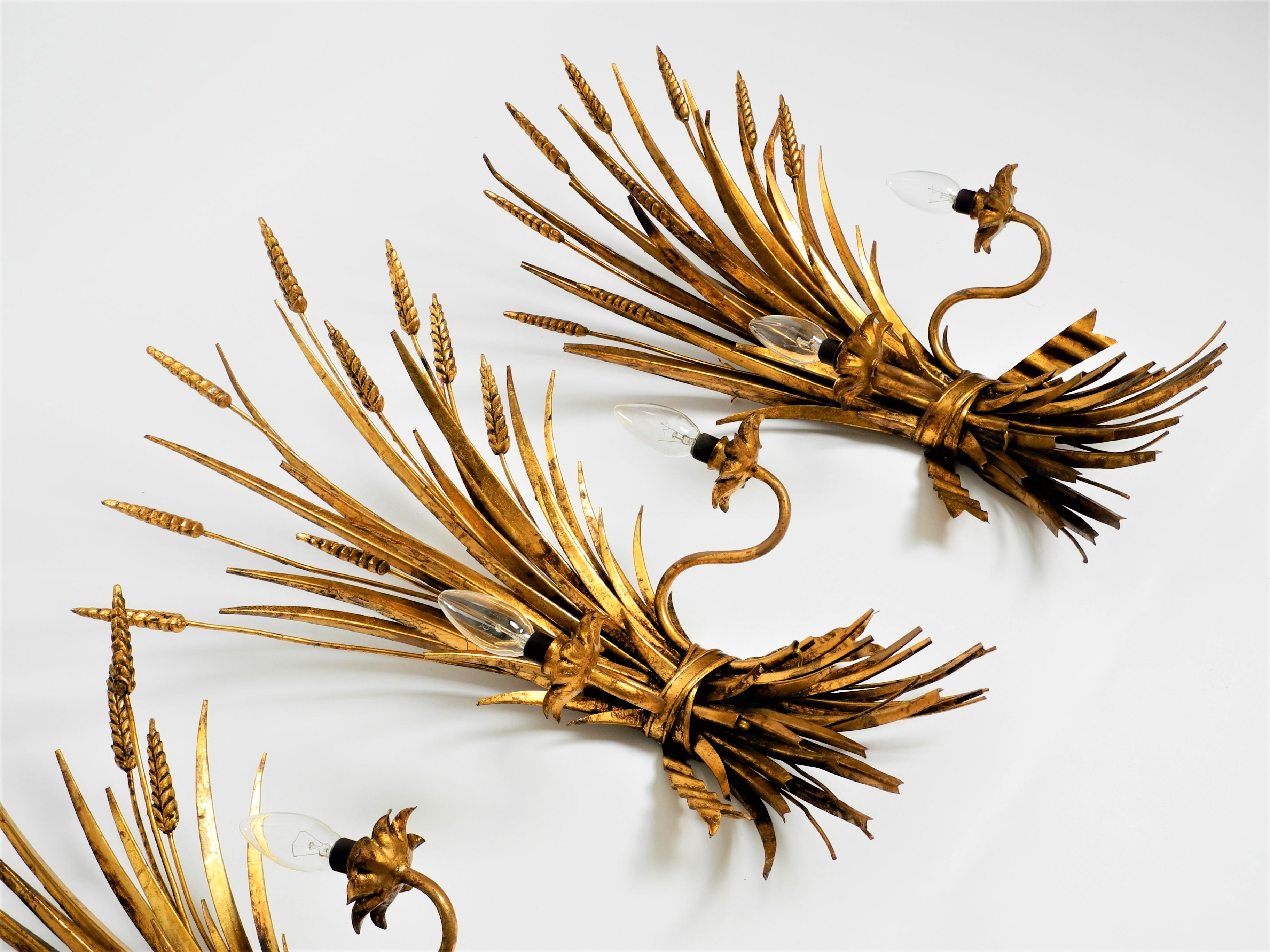 Mid-20th Century 3 Wheat Wall Lamps Sconces Hollywood Regency Gilt Metal Hans Kögl, Italy 1960s For Sale