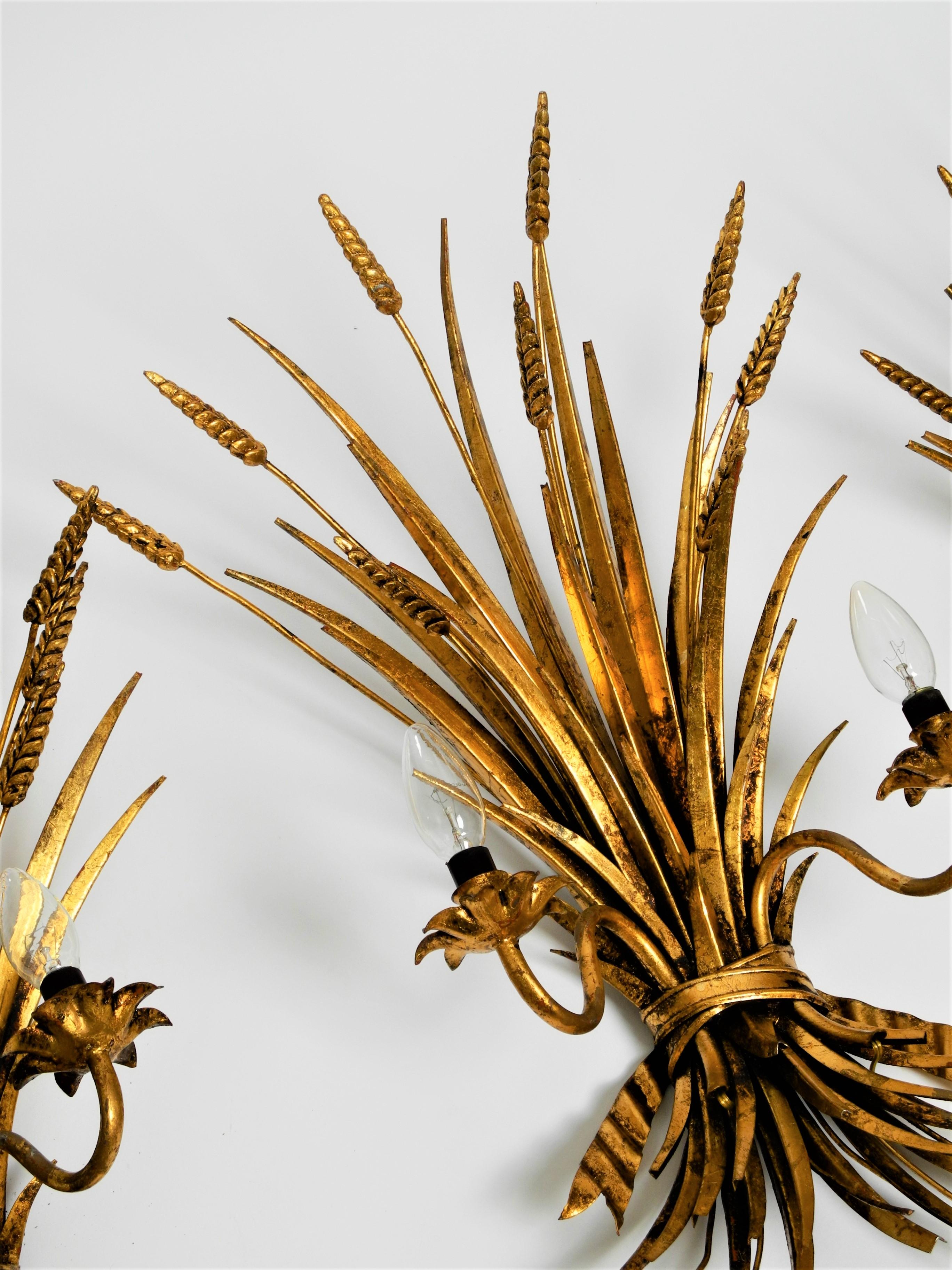 3 Wheat Wall Lamps Sconces Hollywood Regency Gilt Metal Hans Kögl, Italy 1960s For Sale 2