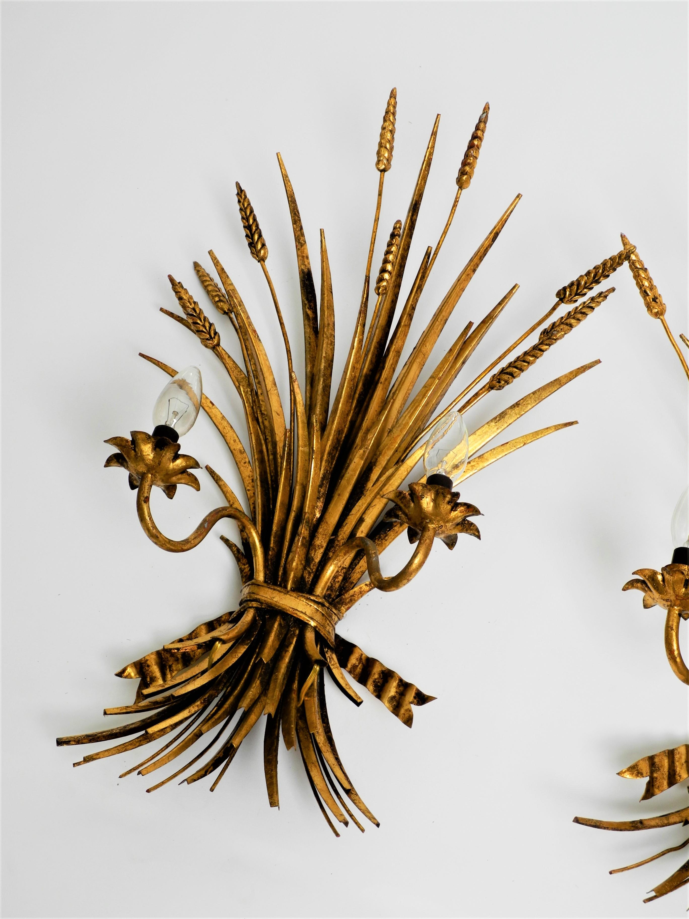 3 Wheat Wall Lamps Sconces Hollywood Regency Gilt Metal Hans Kögl, Italy 1960s For Sale 4
