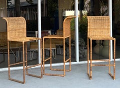 3 Wicker Rattan 1970s Tall Barstools