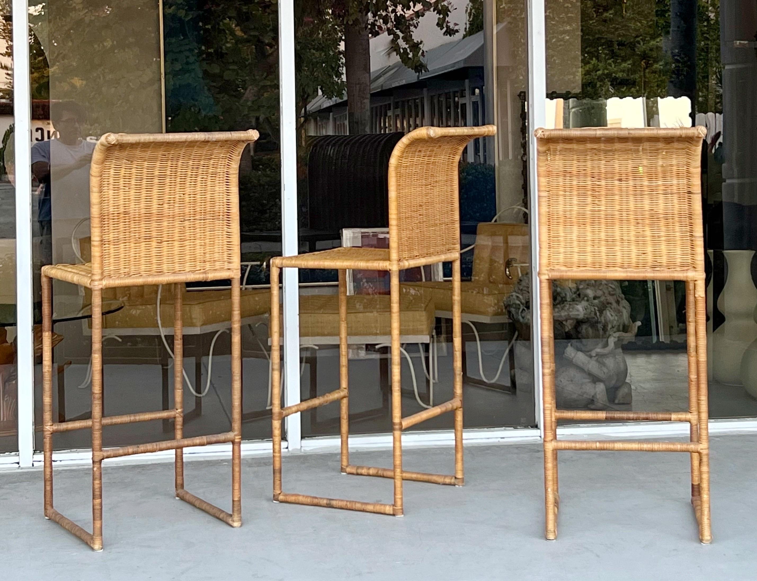 American 3 Wicker Rattan 1970s Tall Barstools 