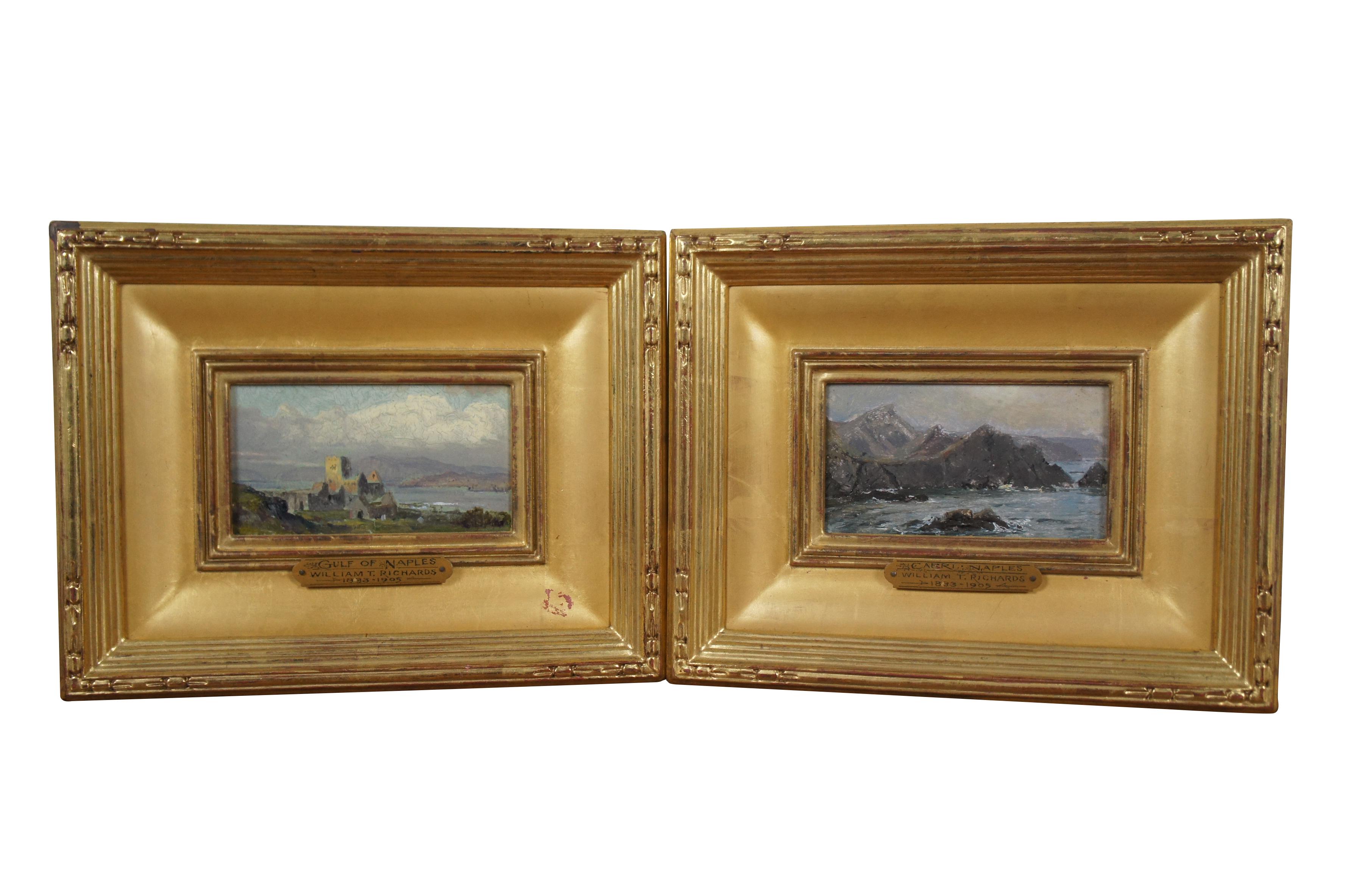 3 antique oil on board miniature seascape paintings by William Trost Richards, depicting rocky, seaside cliffs / hills (Capri, Naples); a rocky beach (Near Hartland Point); and the ruins of a castle in a hilly landscape (Gulf of Naples). Wide,