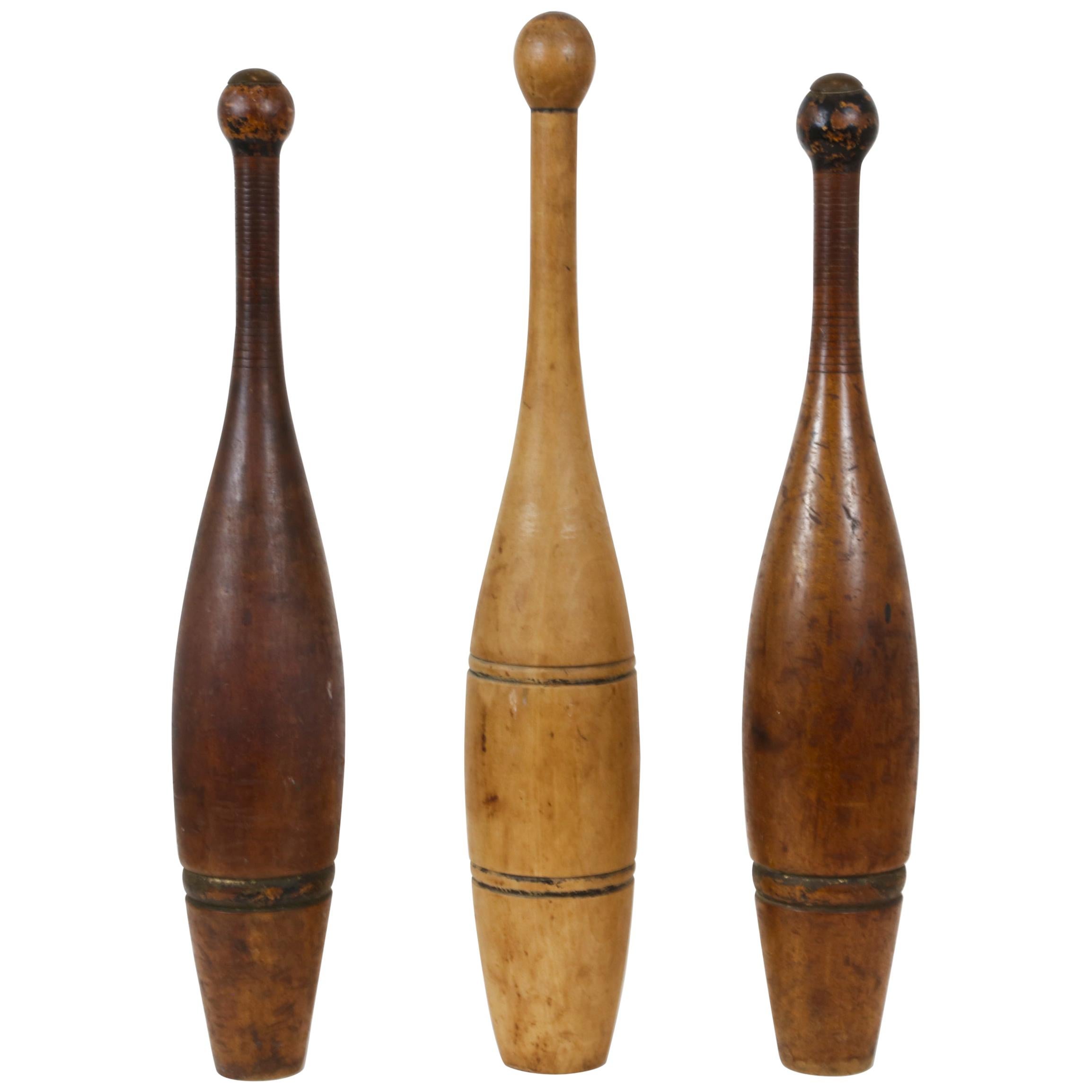 3 Wooden Antique Bowling Pins