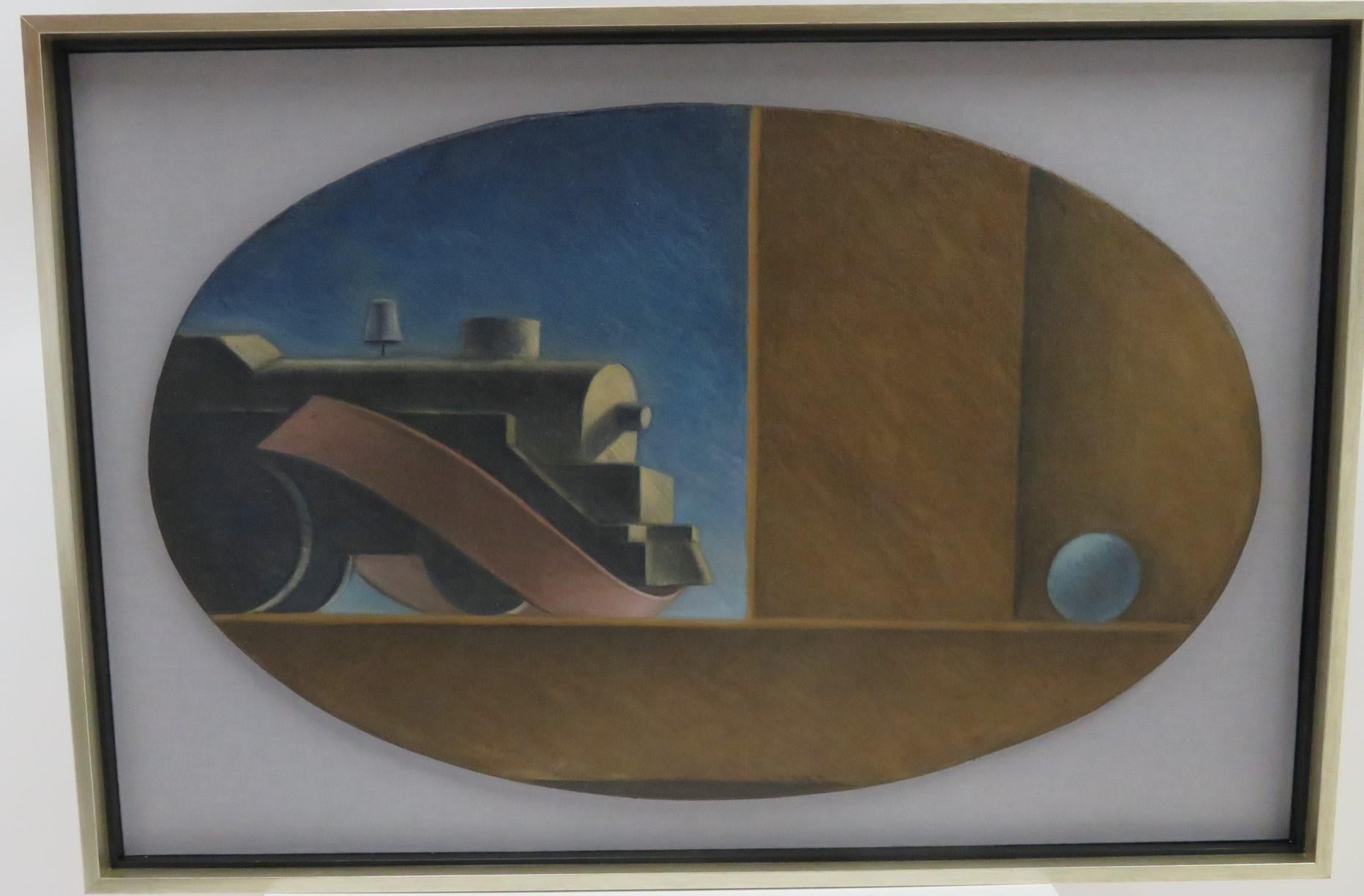 Trois belles peintures ovales à l'huile sur toile de l'ère WPA des années 1930/1940 représentant des trains avec un ruban et une balle flottante.  Inspirées par Thomas Hart Benton, ces trois œuvres ne sont pas signées et ont été montées flottantes