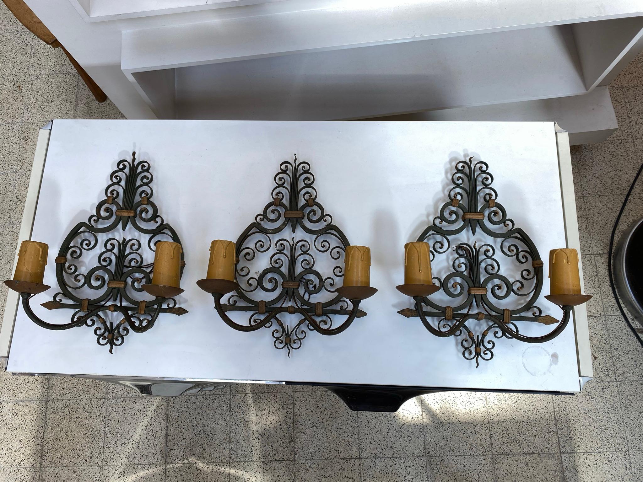 3 Wrought Iron, Art Deco Wall Sconces, French, 1940s For Sale 6