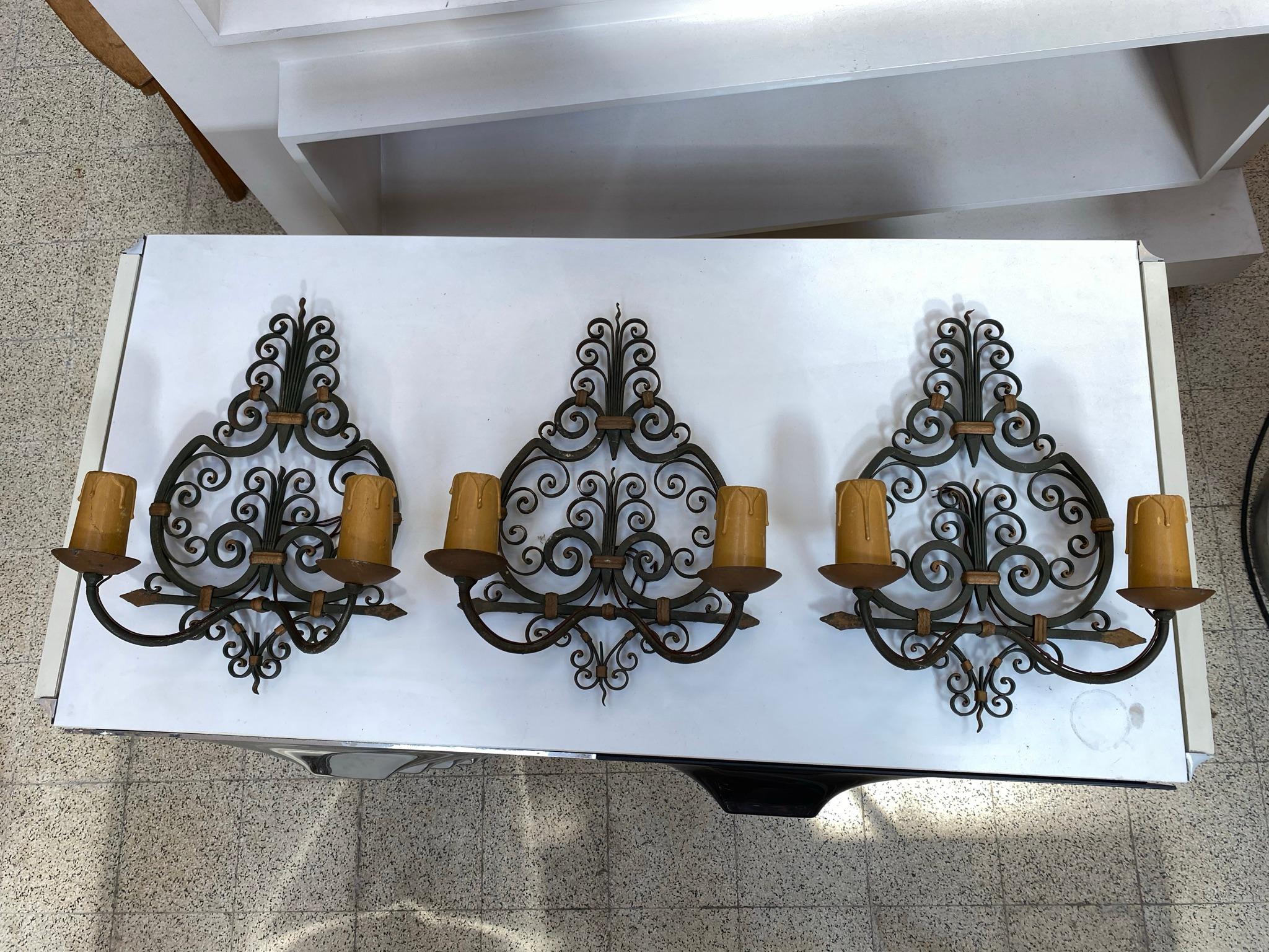 Mid-20th Century 3 Wrought Iron, Art Deco Wall Sconces, French, 1940s For Sale