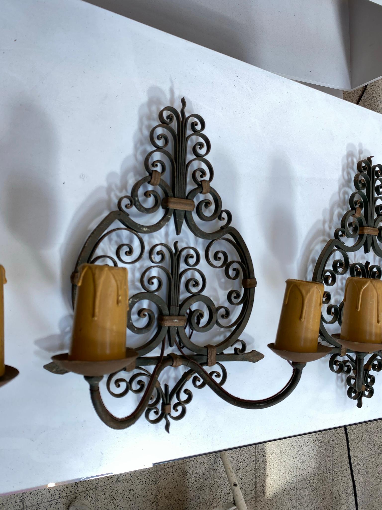 3 Wrought Iron, Art Deco Wall Sconces, French, 1940s For Sale 1