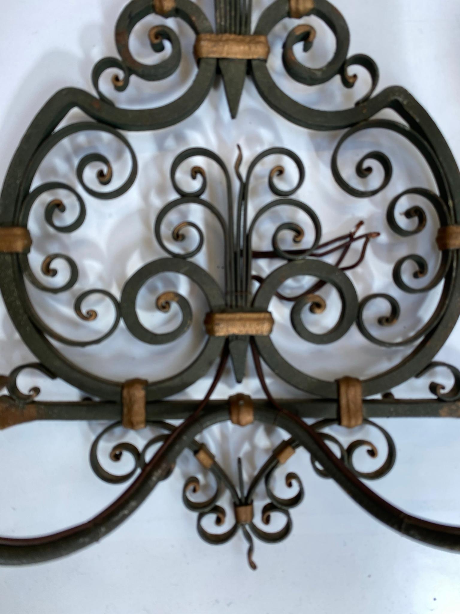 3 Wrought Iron, Art Deco Wall Sconces, French, 1940s For Sale 2
