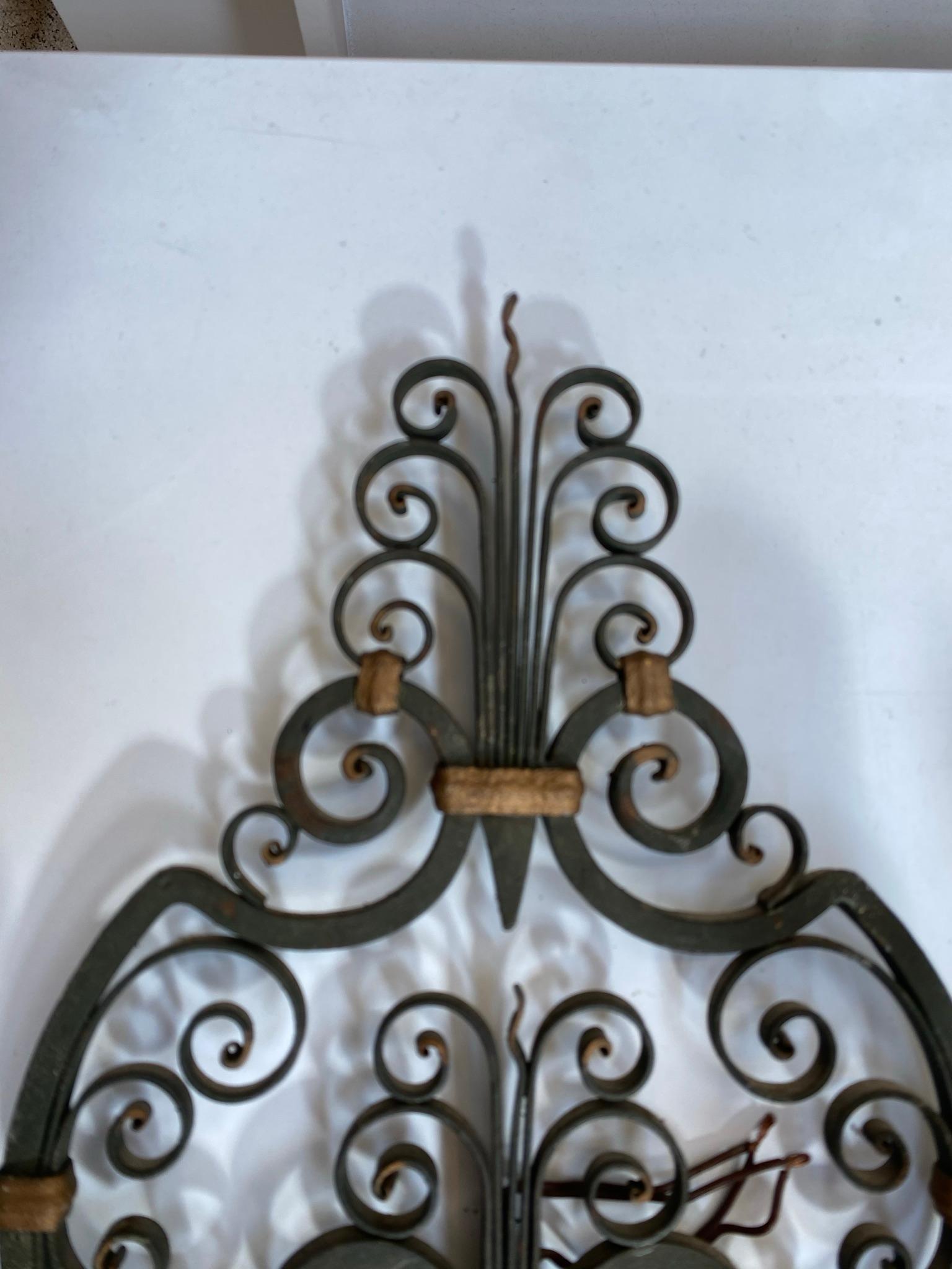 3 Wrought Iron, Art Deco Wall Sconces, French, 1940s For Sale 3